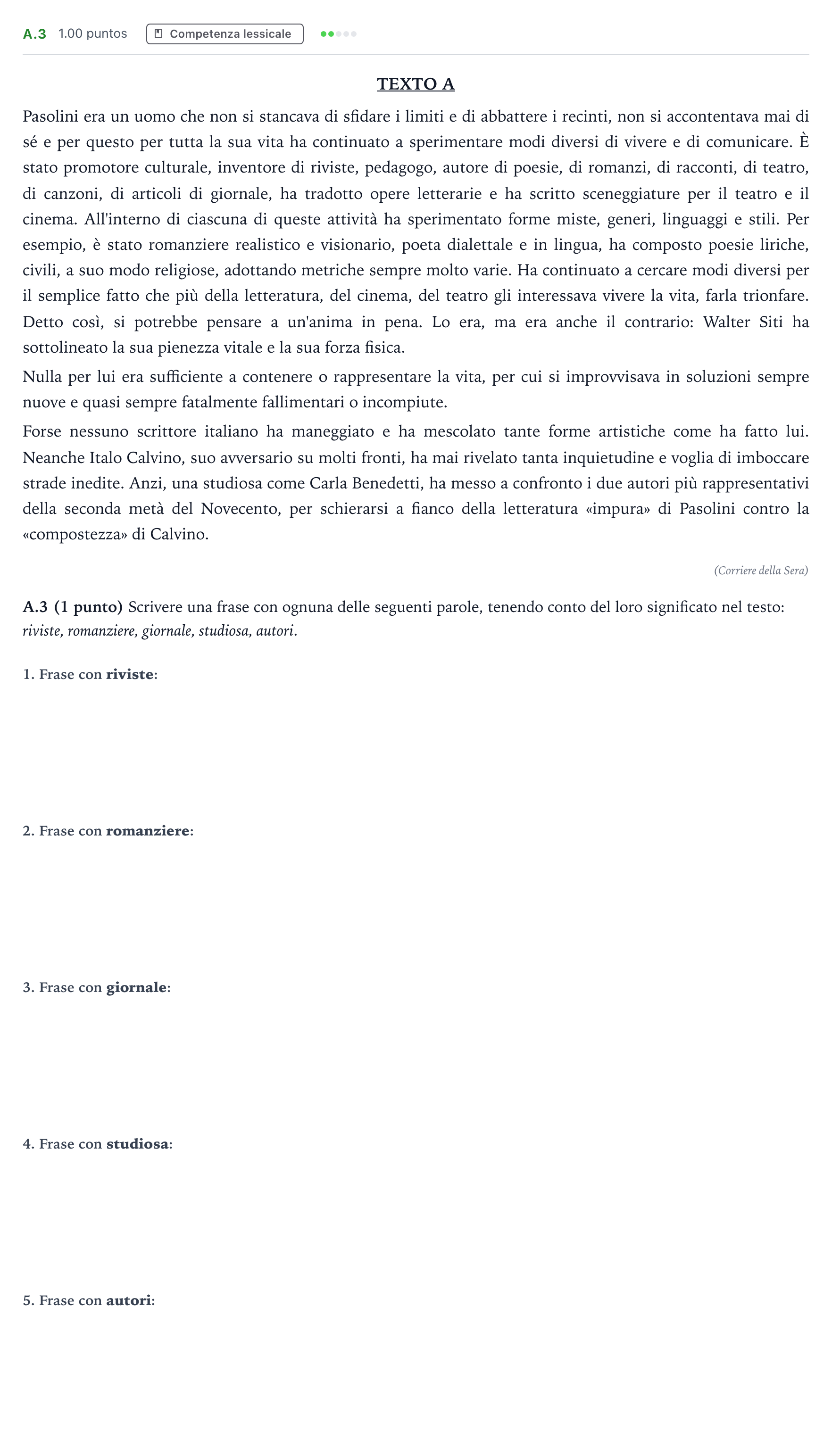 Enunciado: Ejercicio A.3 · Italiano PAU Madrid Ordinaria 2023