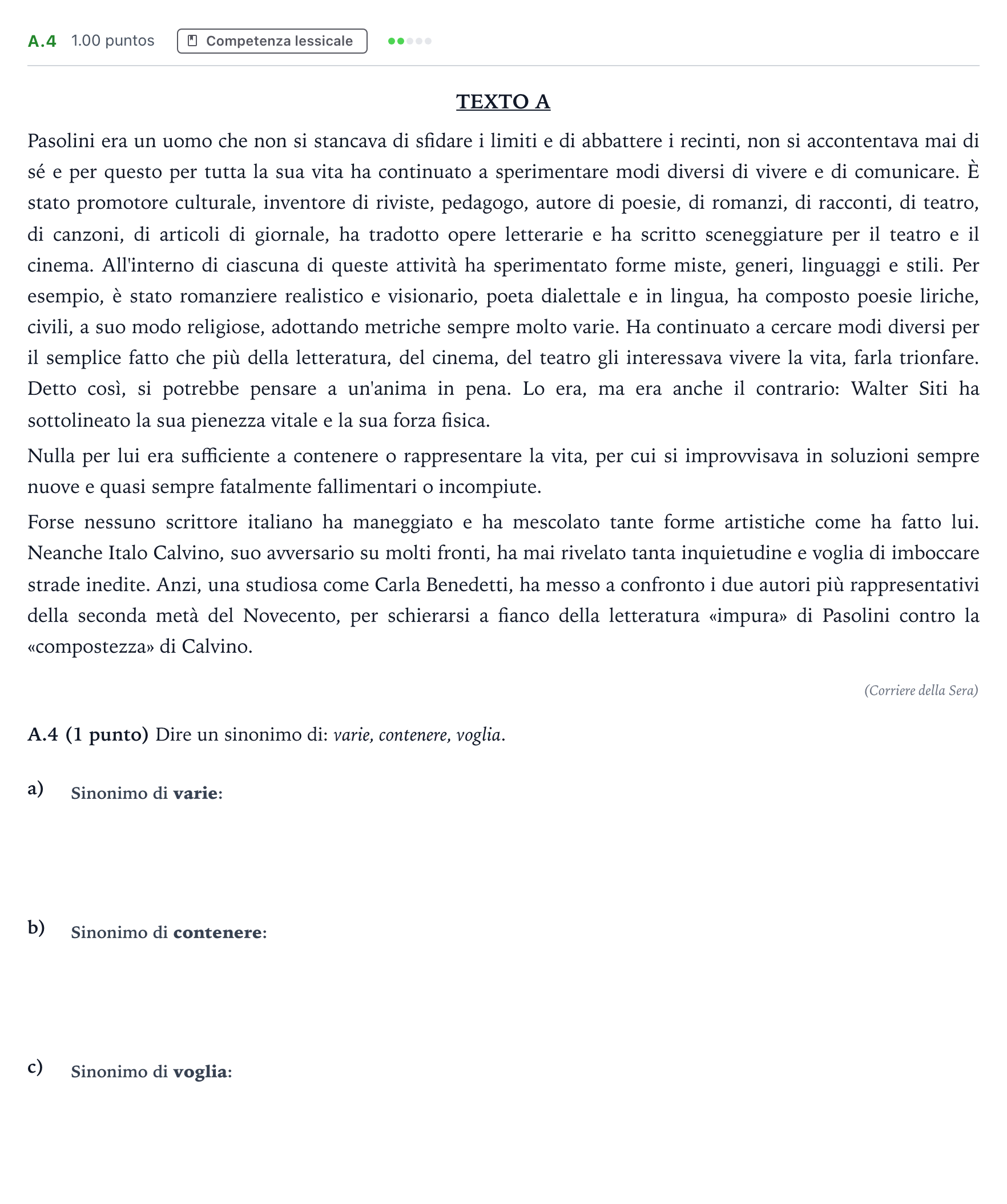 Enunciado: Ejercicio A.4 · Italiano PAU Madrid Ordinaria 2023