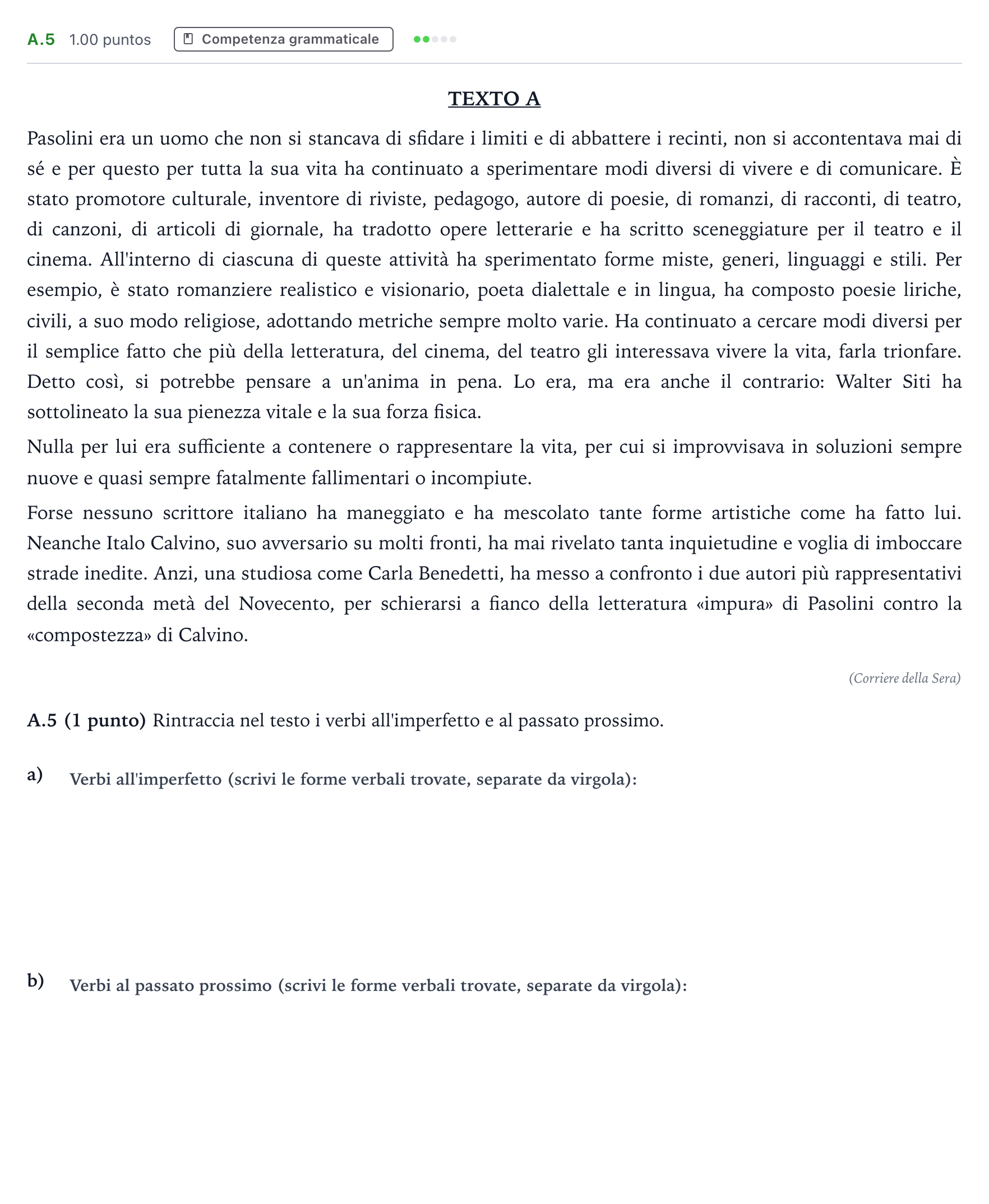 Enunciado: Ejercicio A.5 · Italiano PAU Madrid Ordinaria 2023