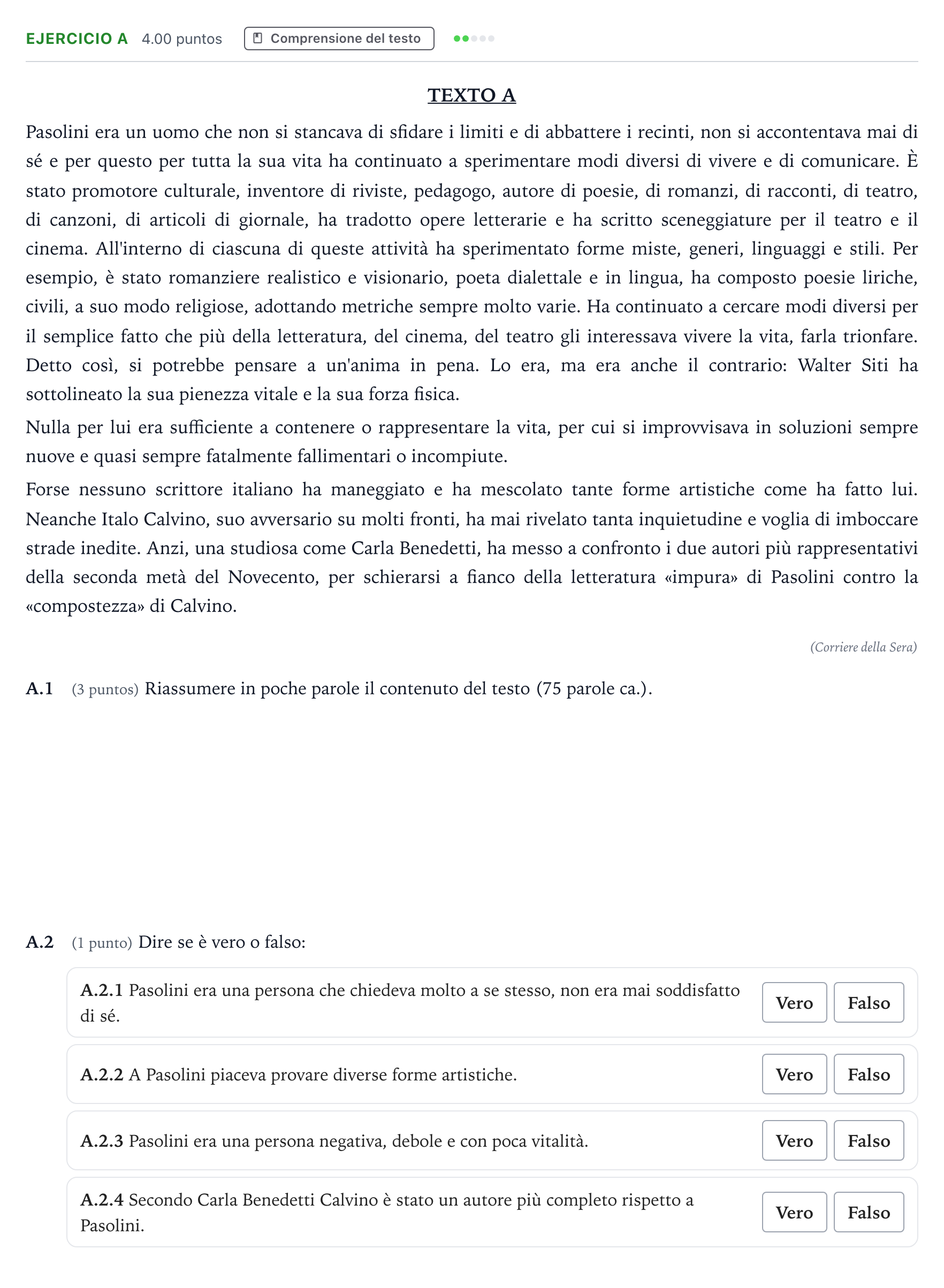 Enunciado: Ejercicio A · Italiano PAU Madrid Ordinaria 2023