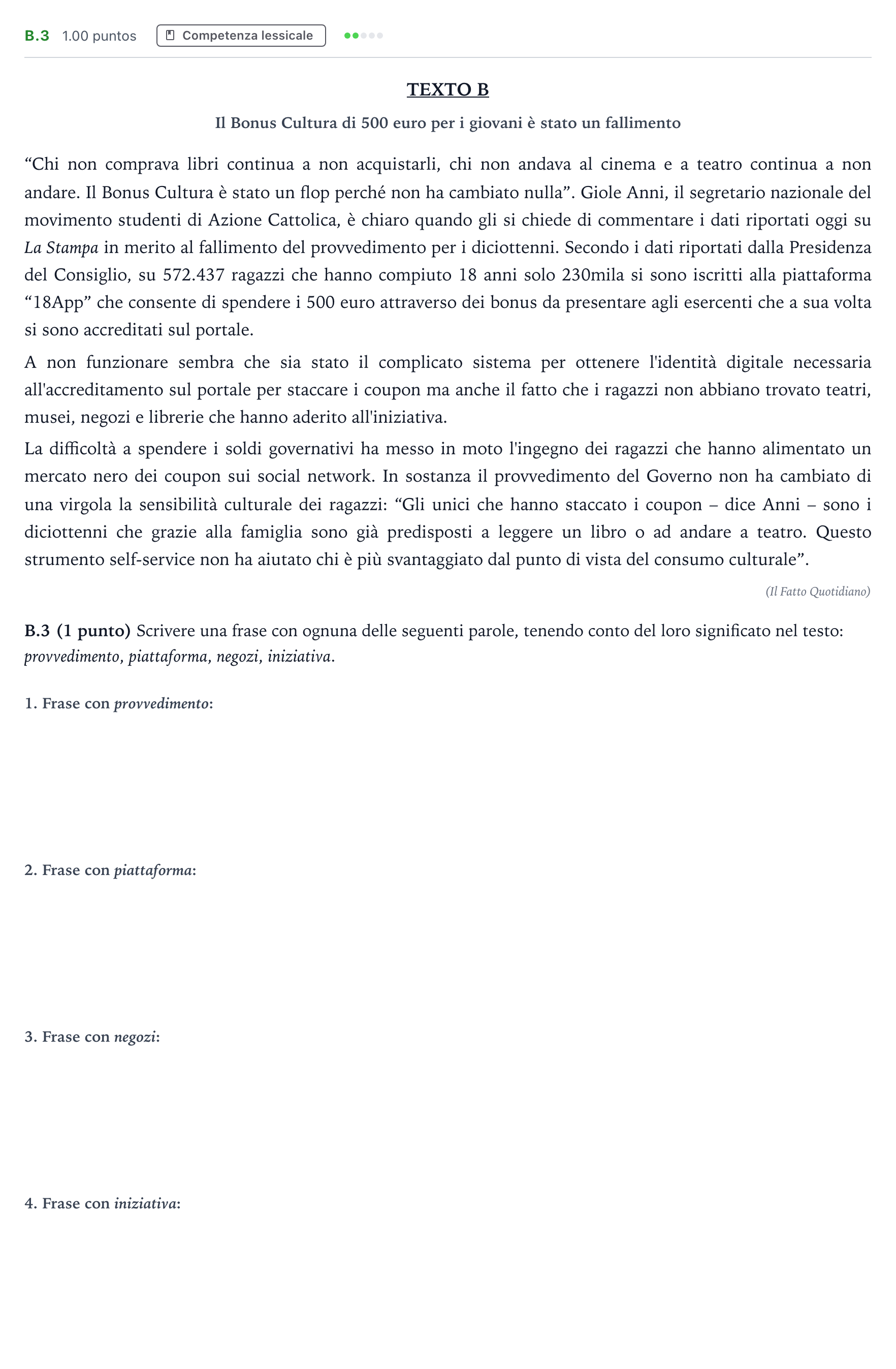 Enunciado: Ejercicio B.3 · Italiano PAU Madrid Ordinaria 2023