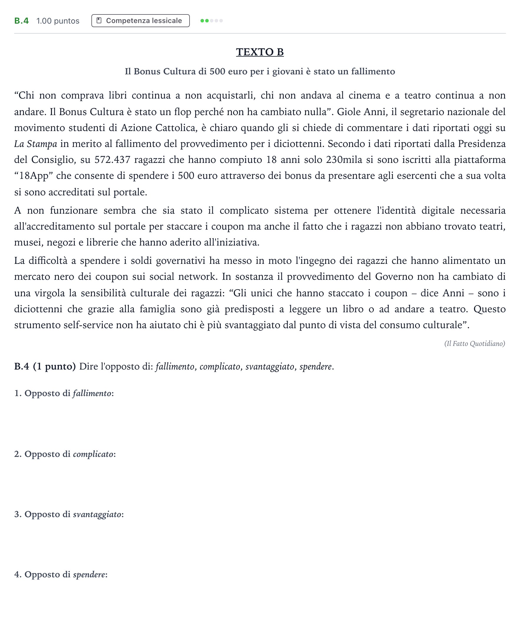 Enunciado: Ejercicio B.4 · Italiano PAU Madrid Ordinaria 2023