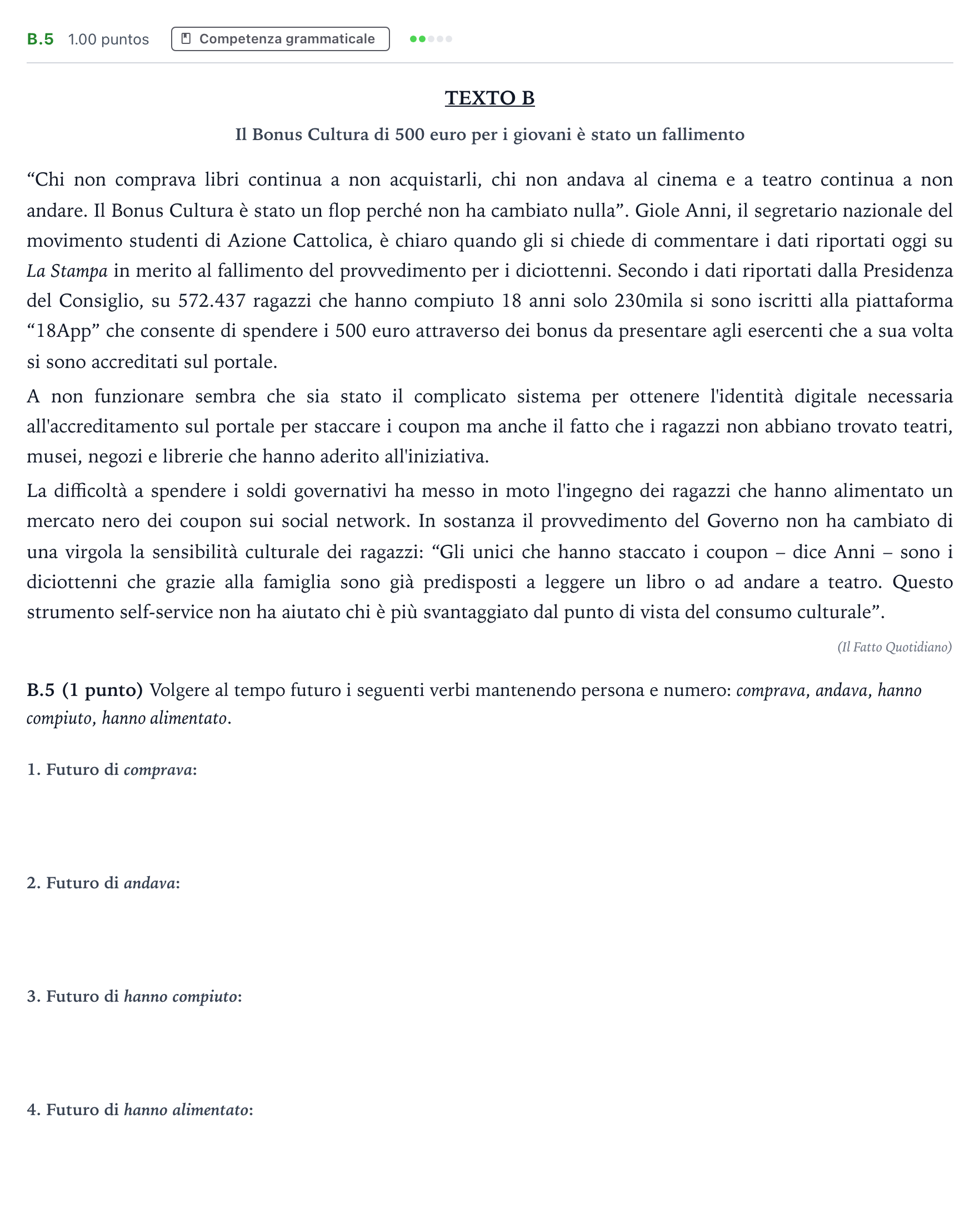 Enunciado: Ejercicio B.5 · Italiano PAU Madrid Ordinaria 2023