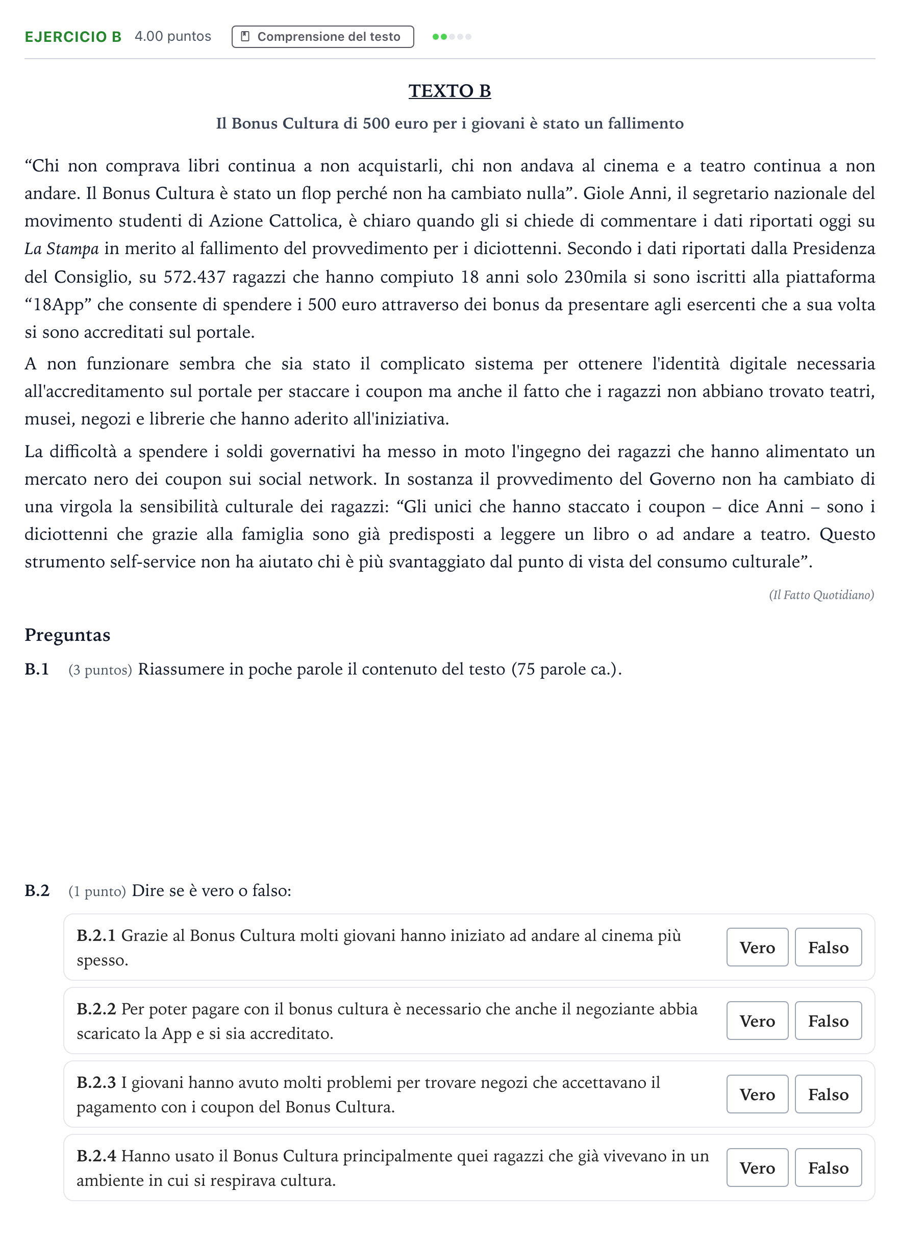 Enunciado: Ejercicio B · Italiano PAU Madrid Ordinaria 2023