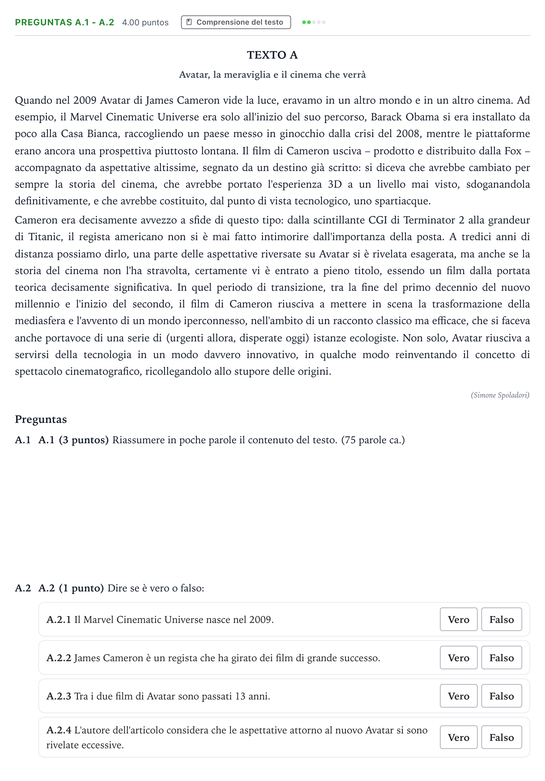 Enunciado: Ejercicio Preguntas A.1 - A.2 · Italiano PAU Madrid Ordinaria Coincidencias 2023