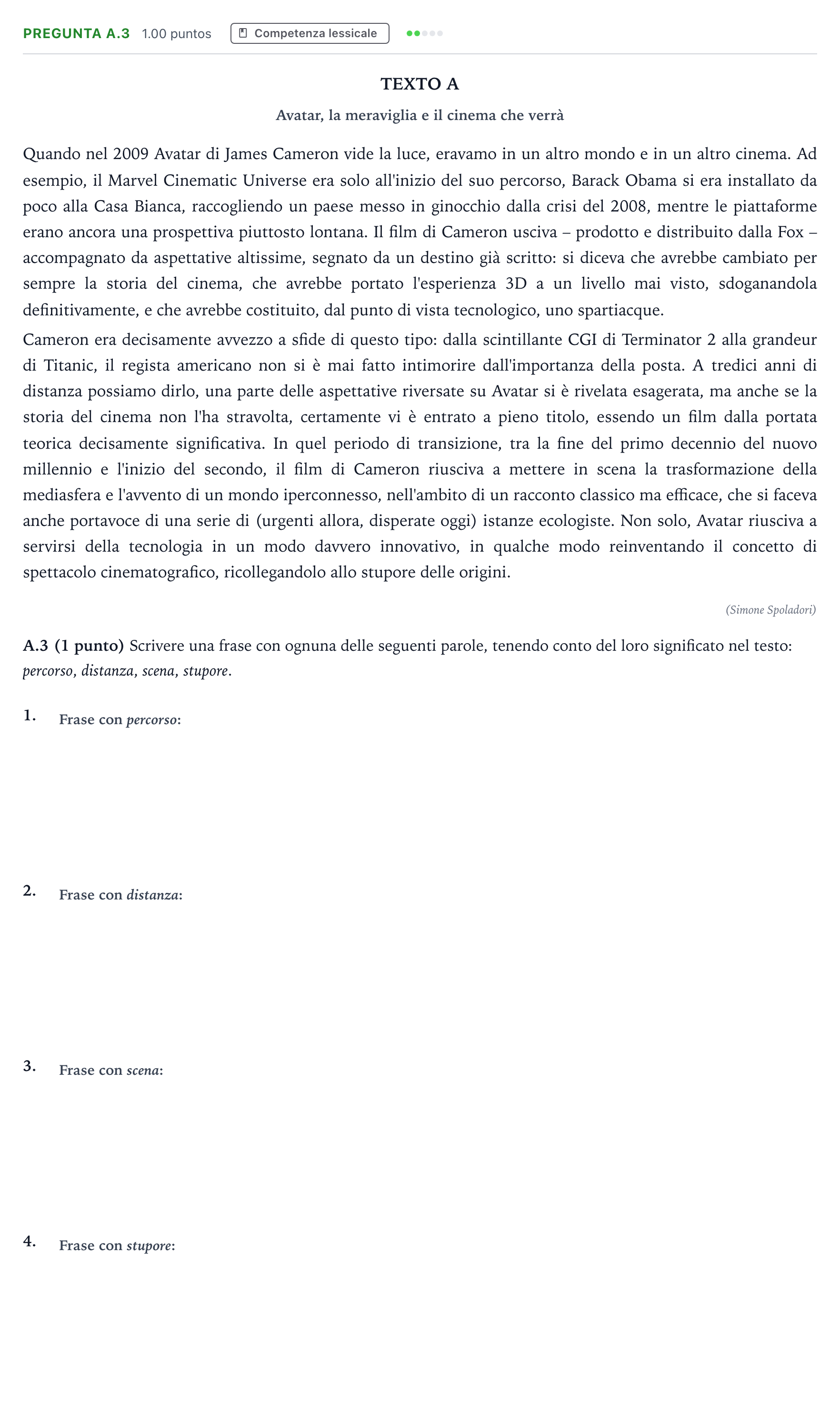 Enunciado: Pregunta A.3 · Italiano PAU Madrid Ordinaria Coincidencias 2023