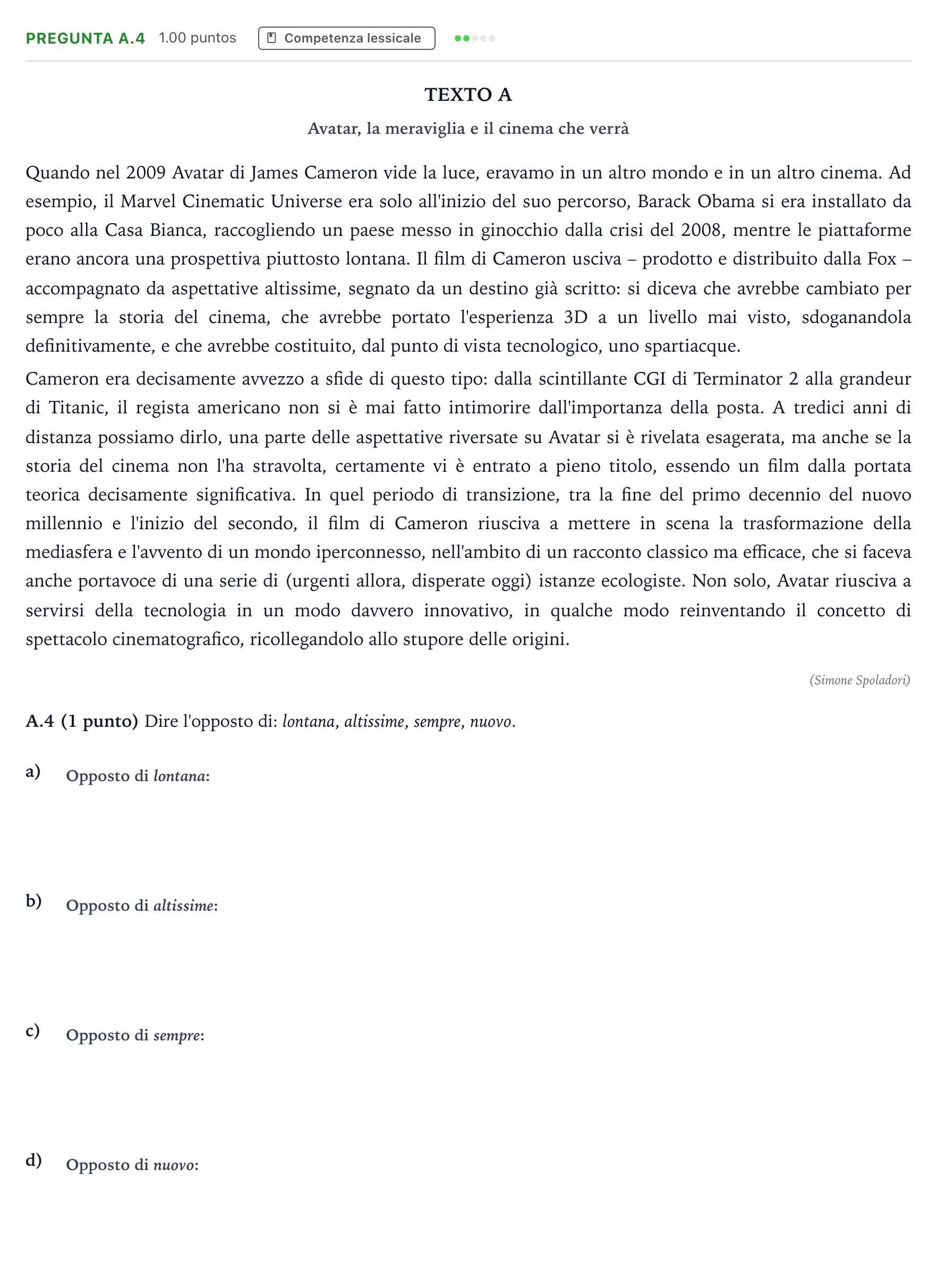 Enunciado: Pregunta A.4 · Italiano PAU Madrid Ordinaria Coincidencias 2023