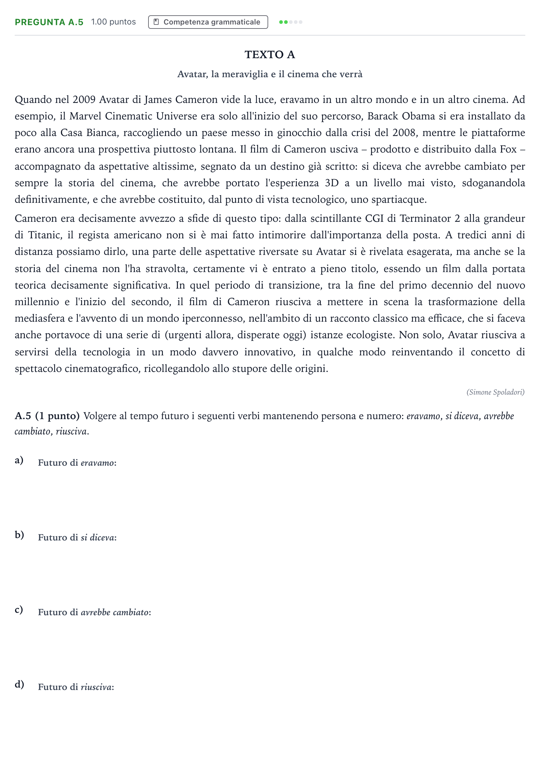 Enunciado: Pregunta A.5 · Italiano PAU Madrid Ordinaria Coincidencias 2023