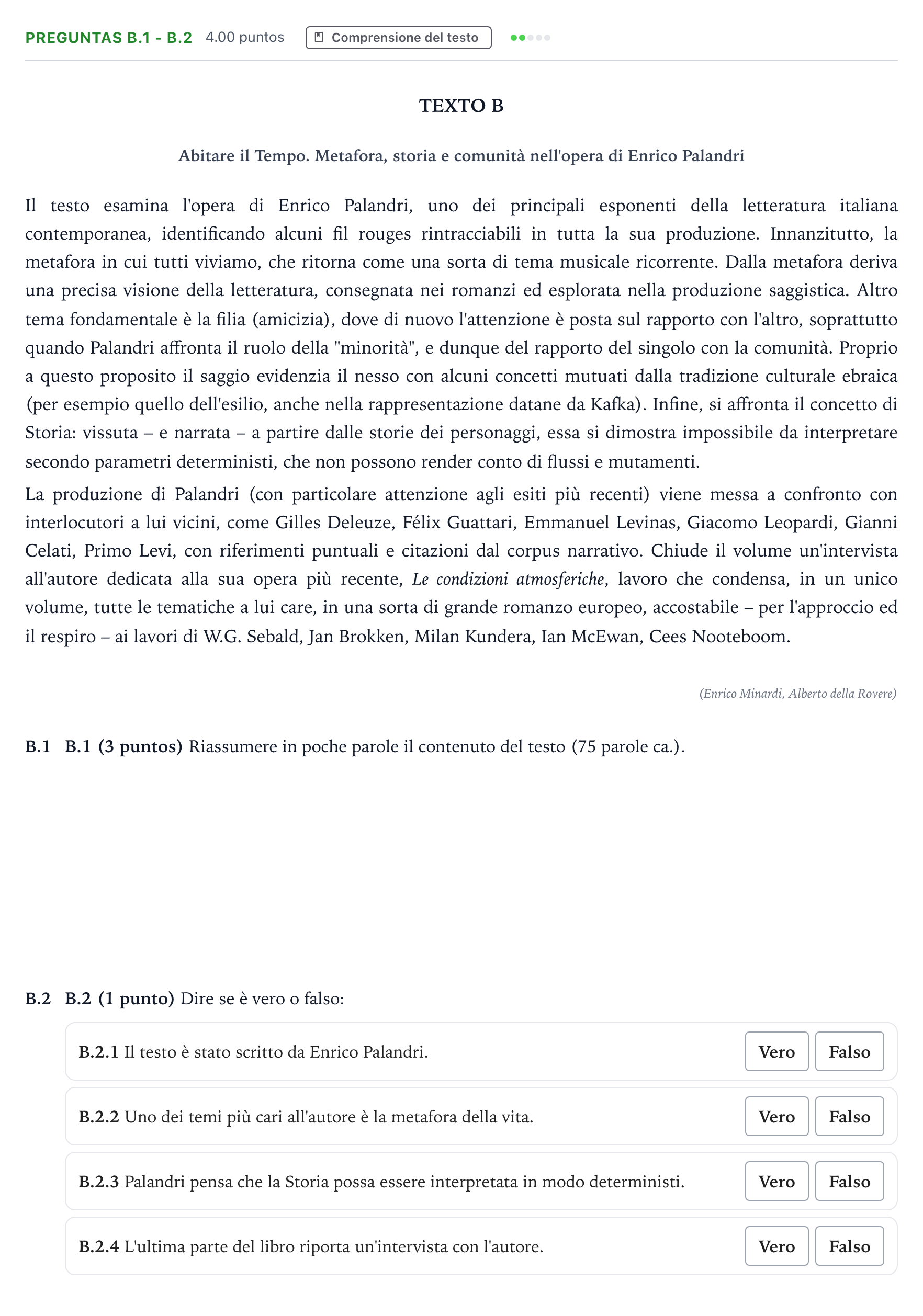 Enunciado: Ejercicio Preguntas B.1 - B.2 · Italiano PAU Madrid Ordinaria Coincidencias 2023