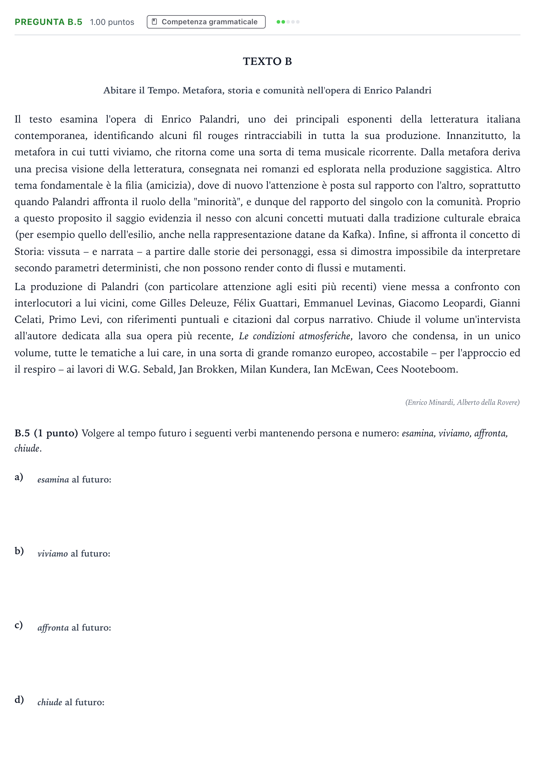 Enunciado: Pregunta B.5 · Italiano PAU Madrid Ordinaria Coincidencias 2023