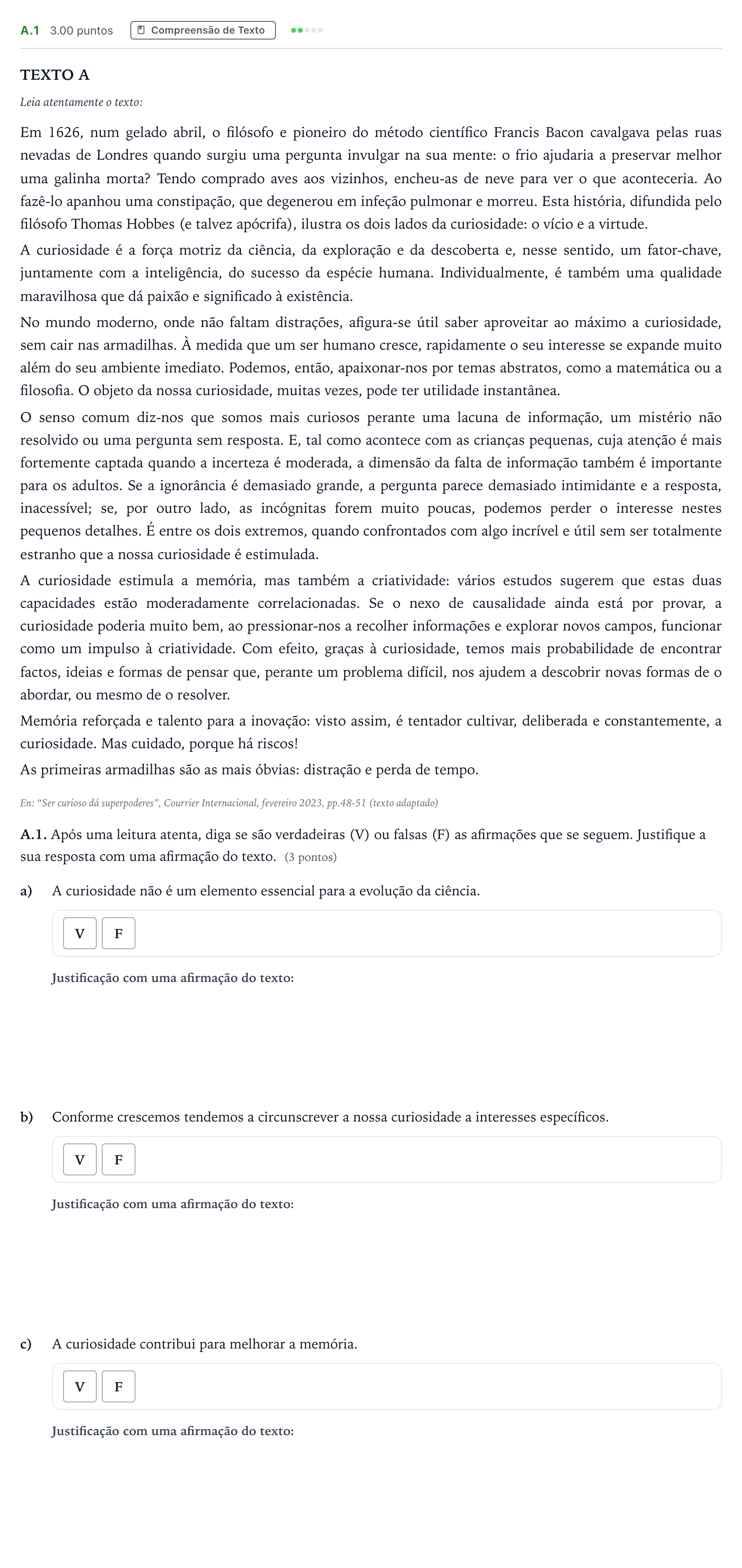 Enunciado: Ejercicio A.1 · Portugués PAU Madrid Extraordinaria 2023