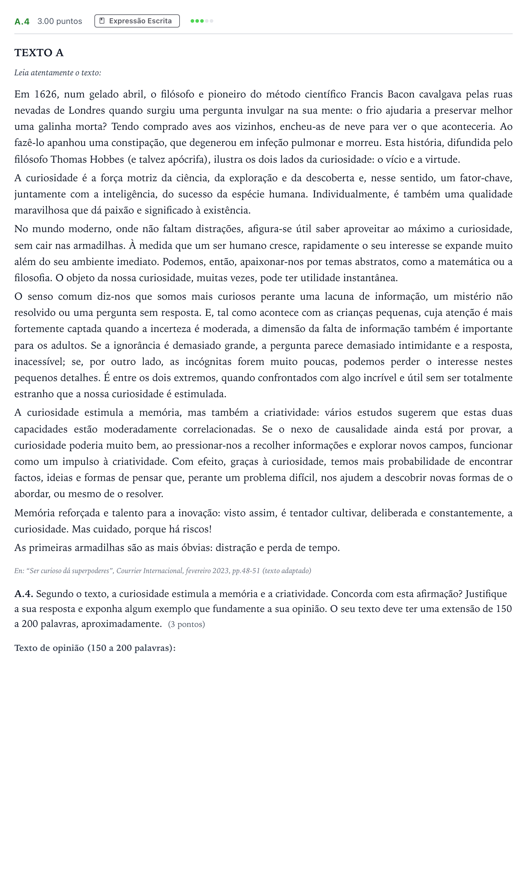Enunciado: Ejercicio A.4 · Portugués PAU Madrid Extraordinaria 2023