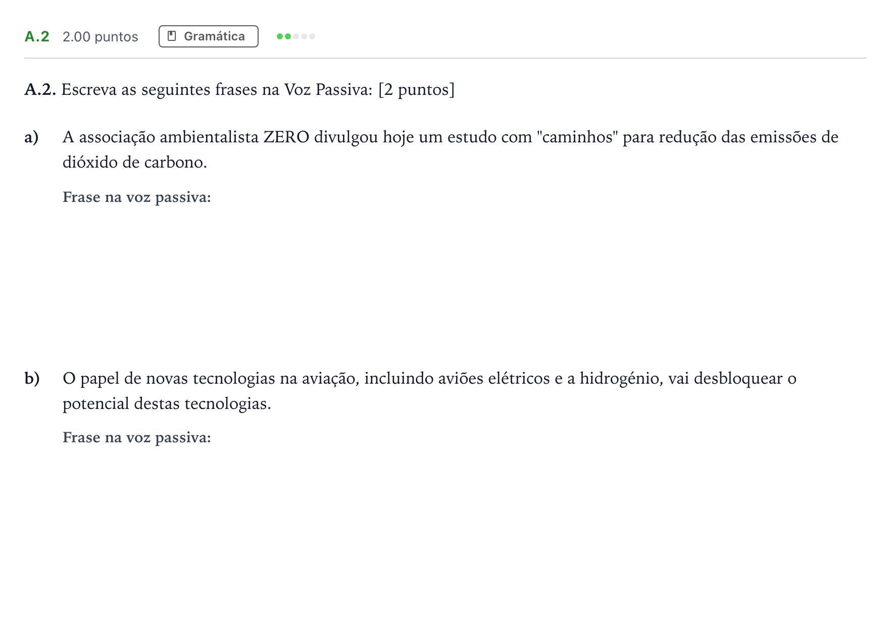 Enunciado: Ejercicio A.2 · Portugués PAU Madrid Modelo 2023