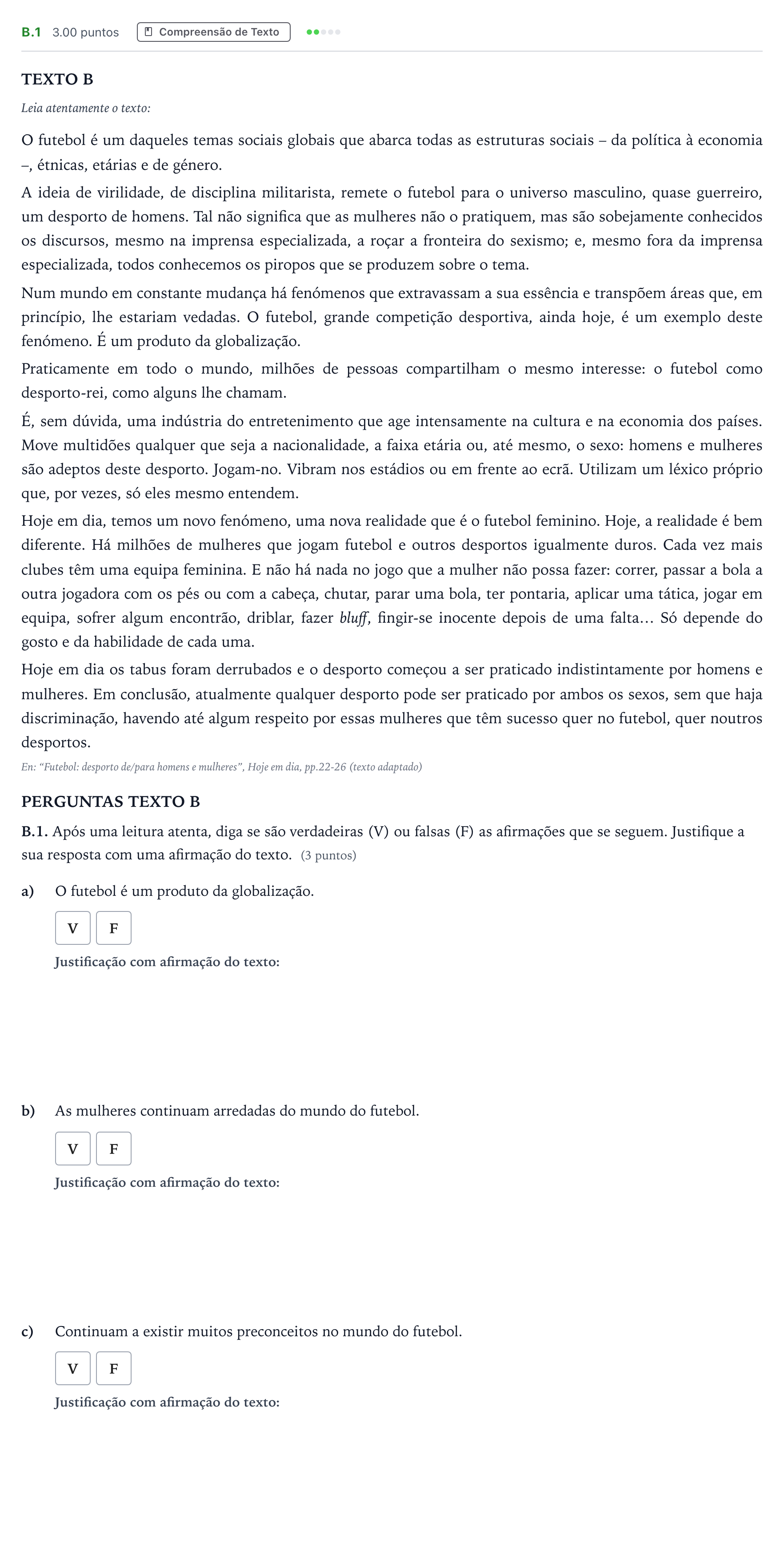 Enunciado: Ejercicio B.1 · Portugués PAU Madrid Ordinaria 2023