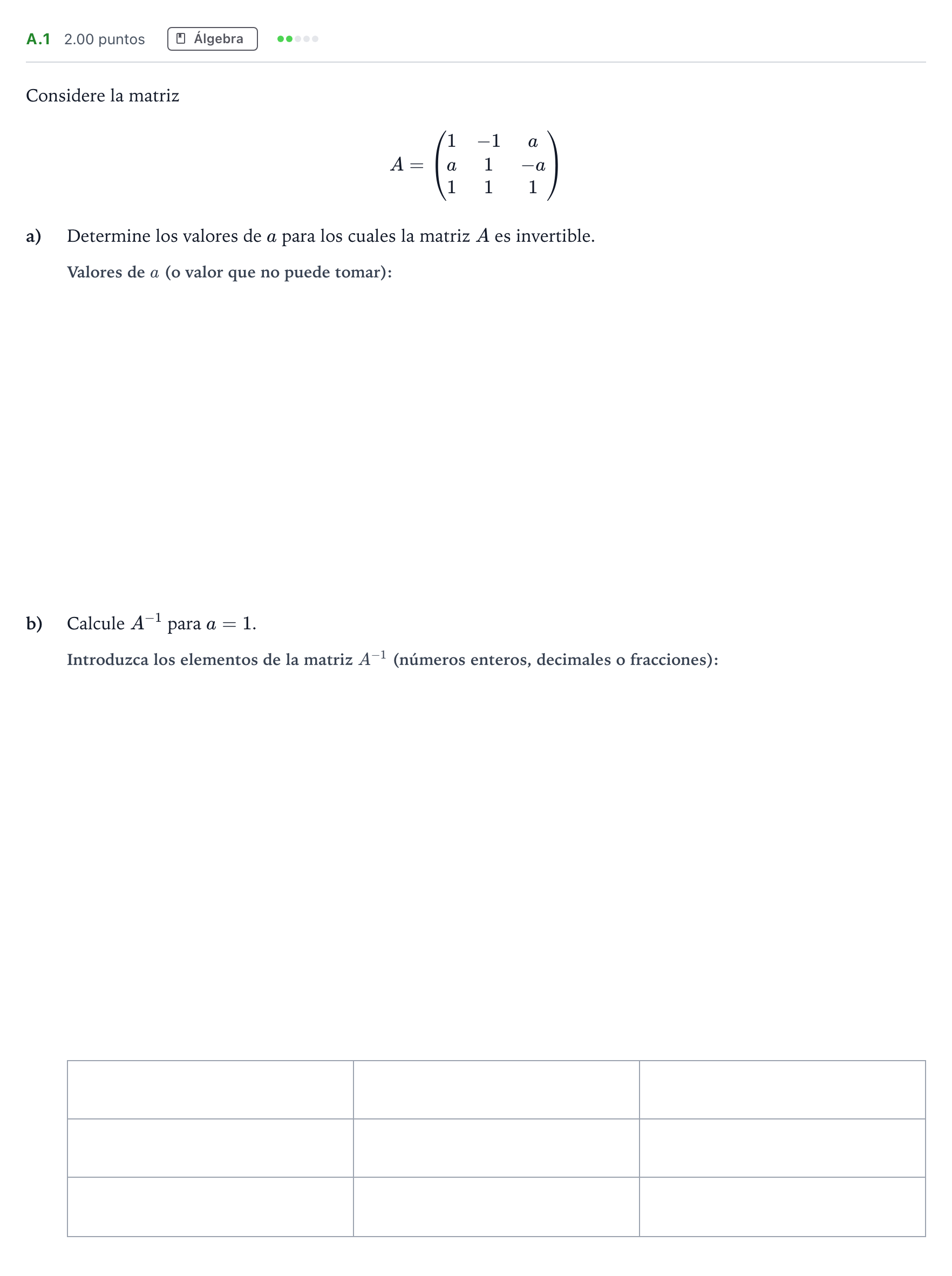 Enunciado: Ejercicio A.1 · Matemáticas aplicadas a las Ciencias Sociales II PAU Madrid Modelo 2023