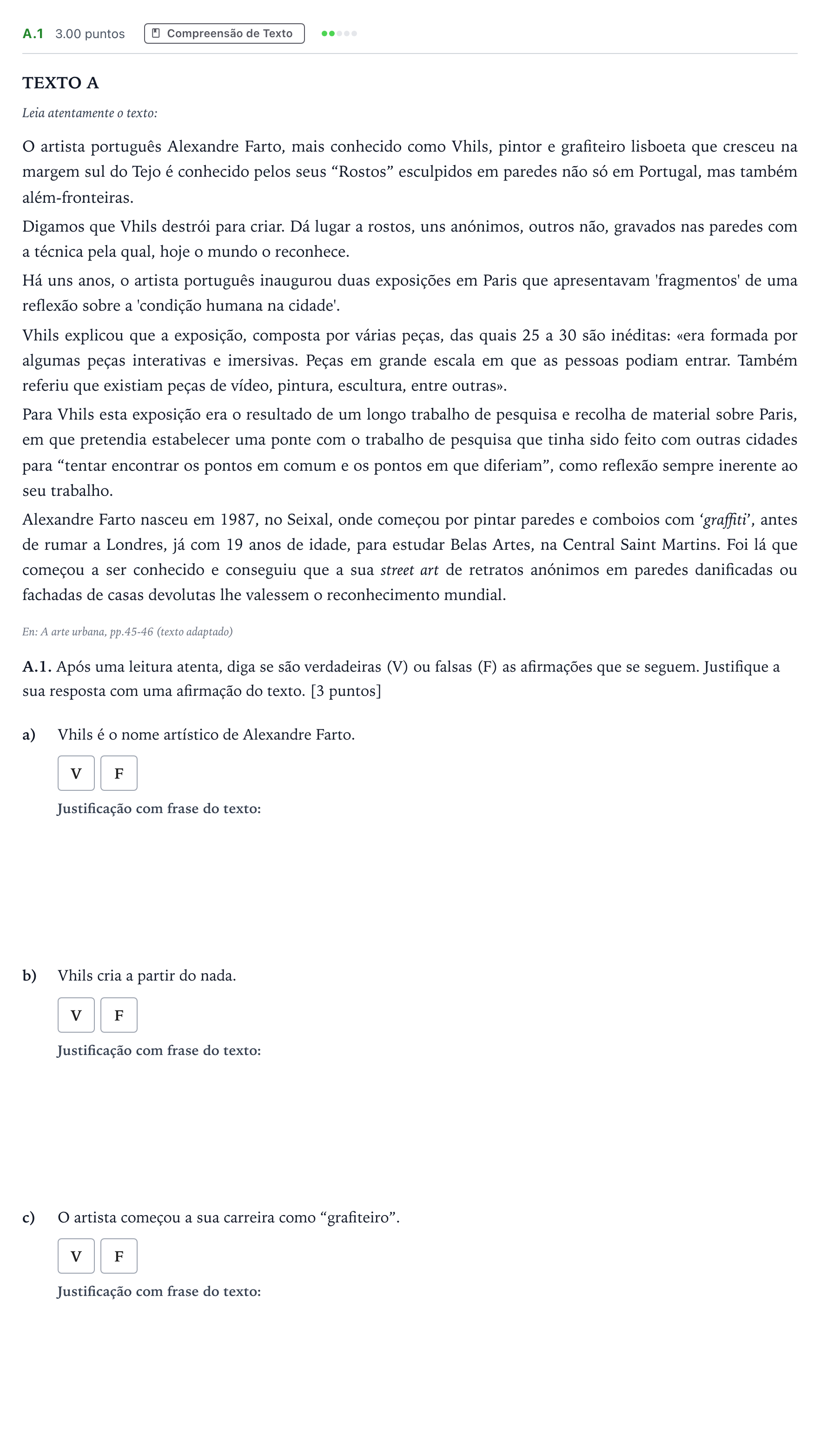 Enunciado: Ejercicio A.1 · Portugués PAU Madrid Ordinaria Coincidencias 2023