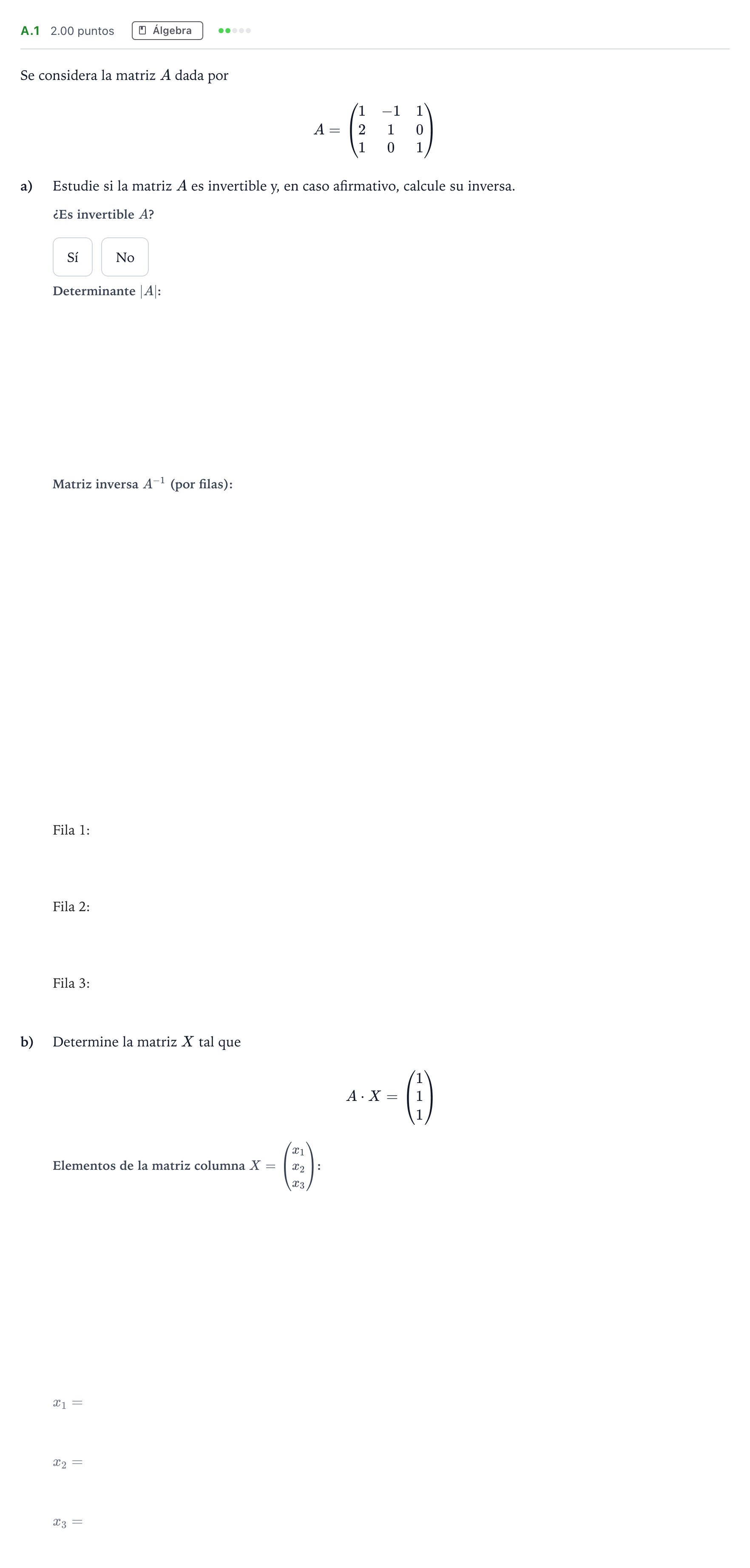 Enunciado: Ejercicio A.1 · Matemáticas aplicadas a las Ciencias Sociales II PAU Madrid Ordinaria 2023