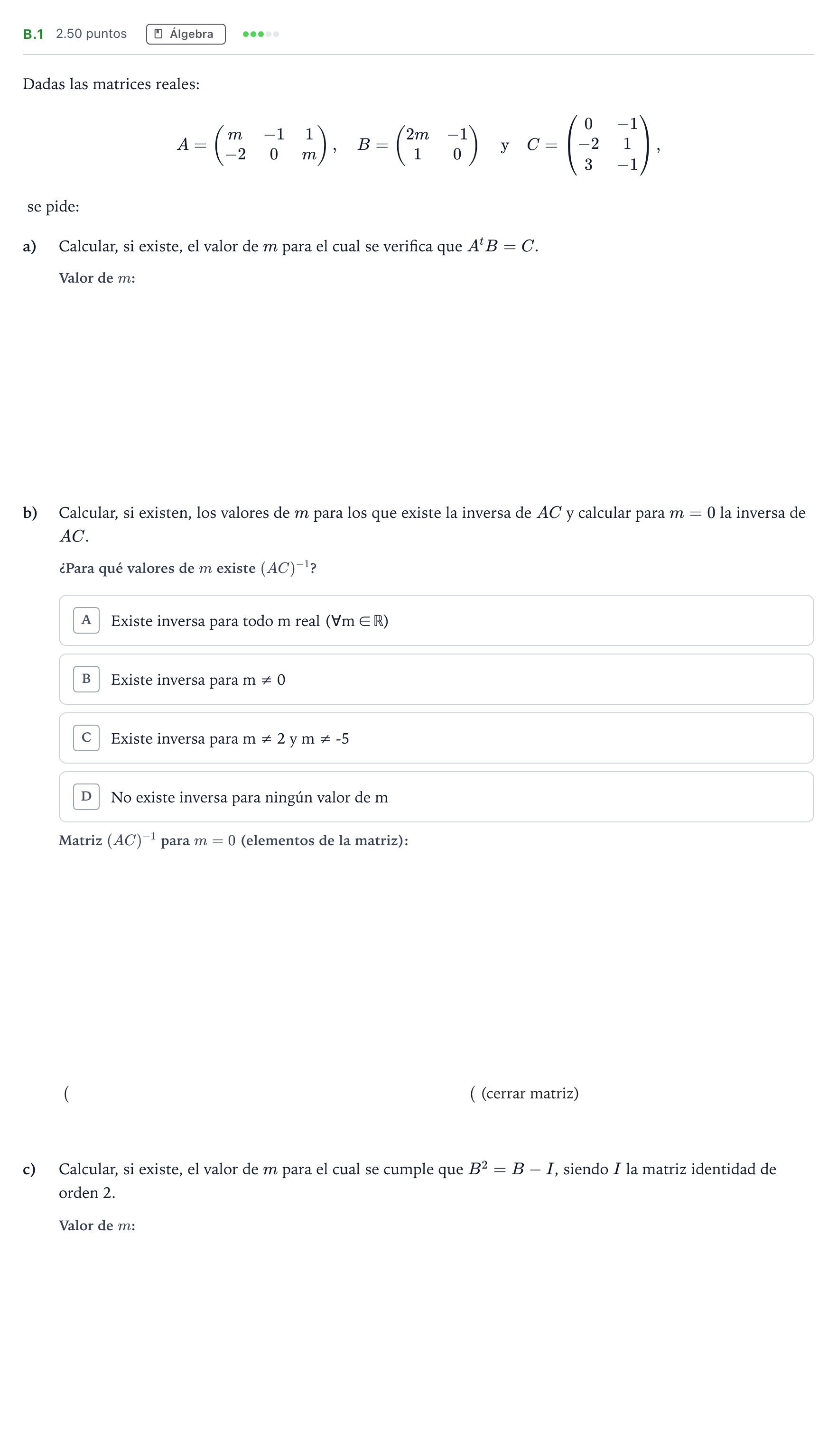 Enunciado: Ejercicio B.1 · Matemáticas II PAU Madrid Modelo 2023