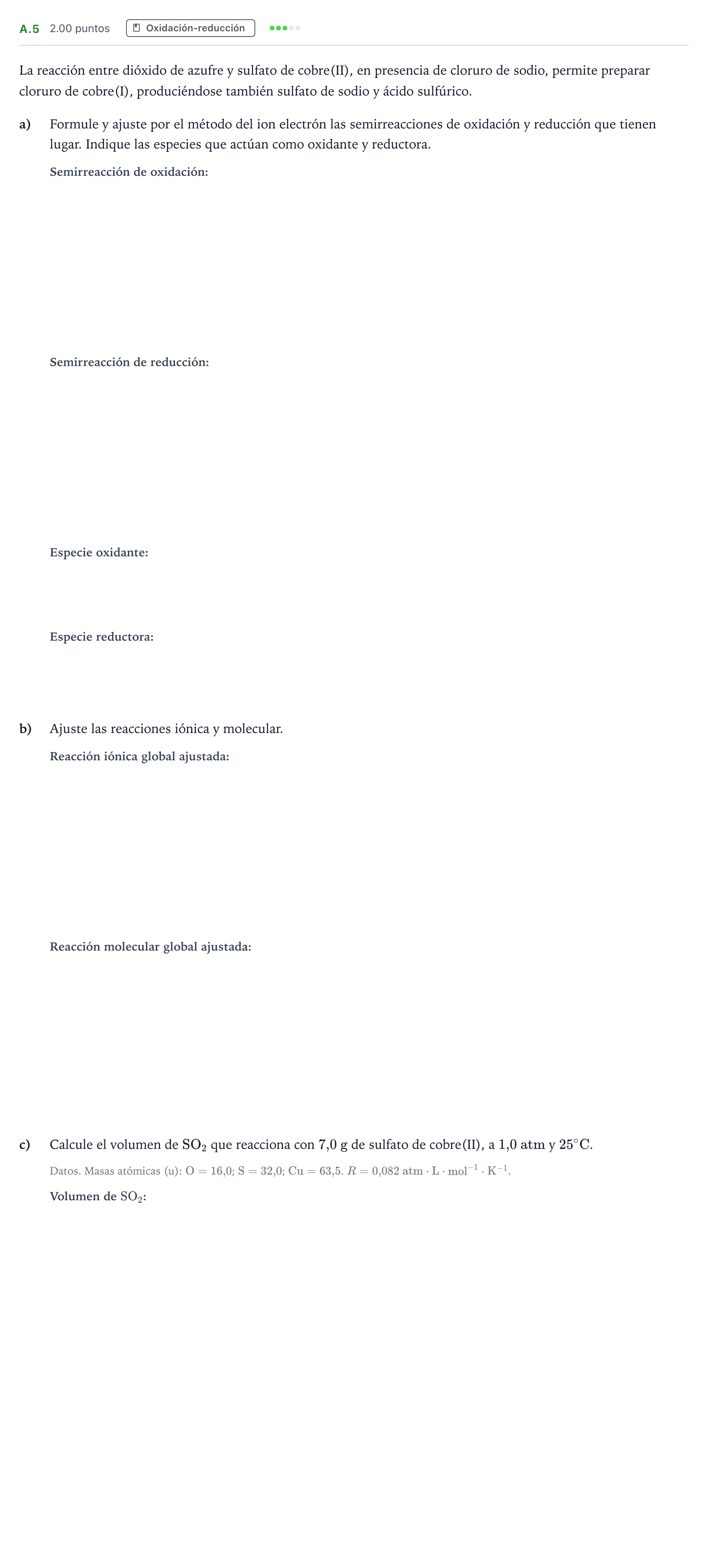 Enunciado: Ejercicio A.5 · Química PAU Madrid Extraordinaria 2023