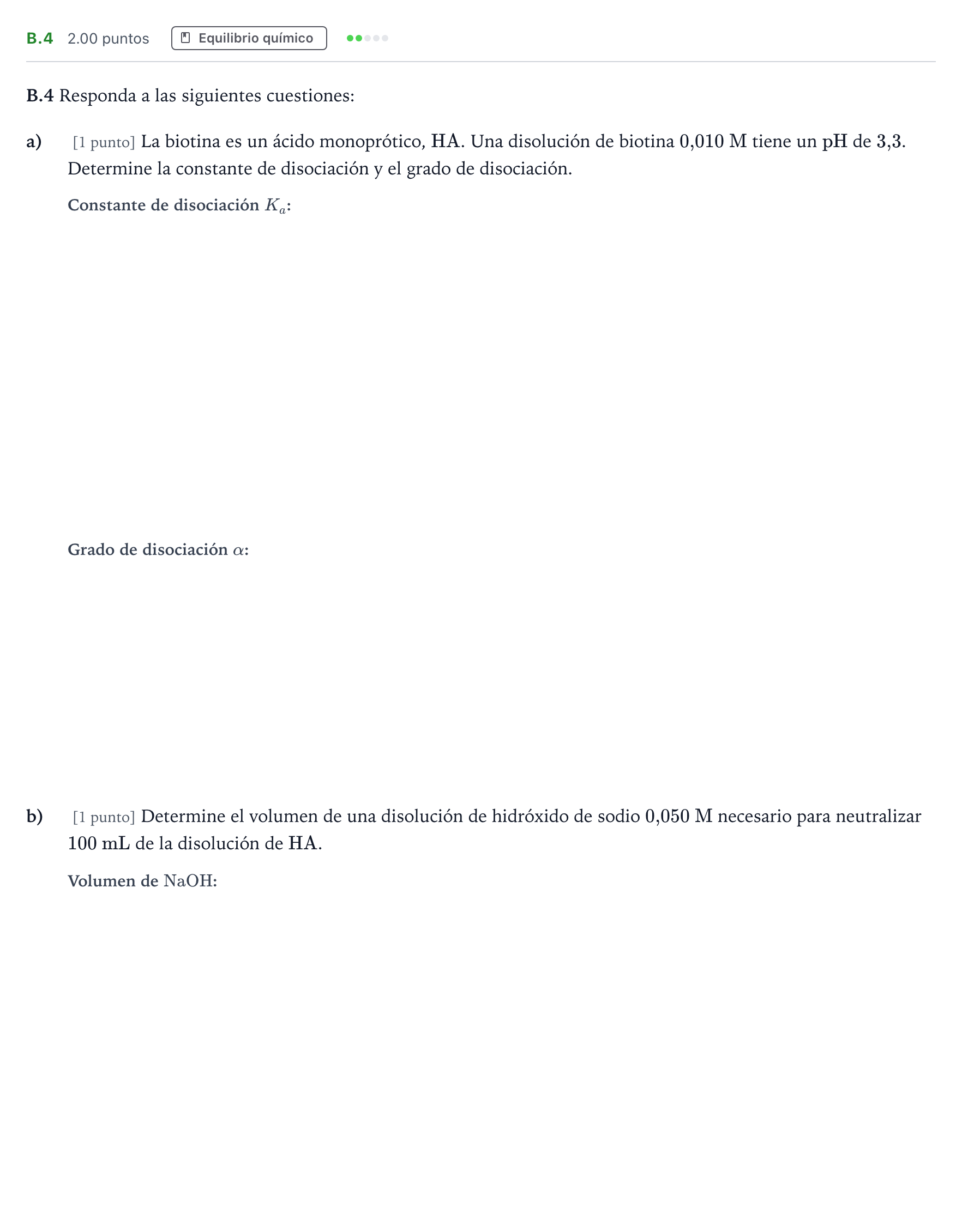 Enunciado: Ejercicio B.4 · Química PAU Madrid Extraordinaria 2023