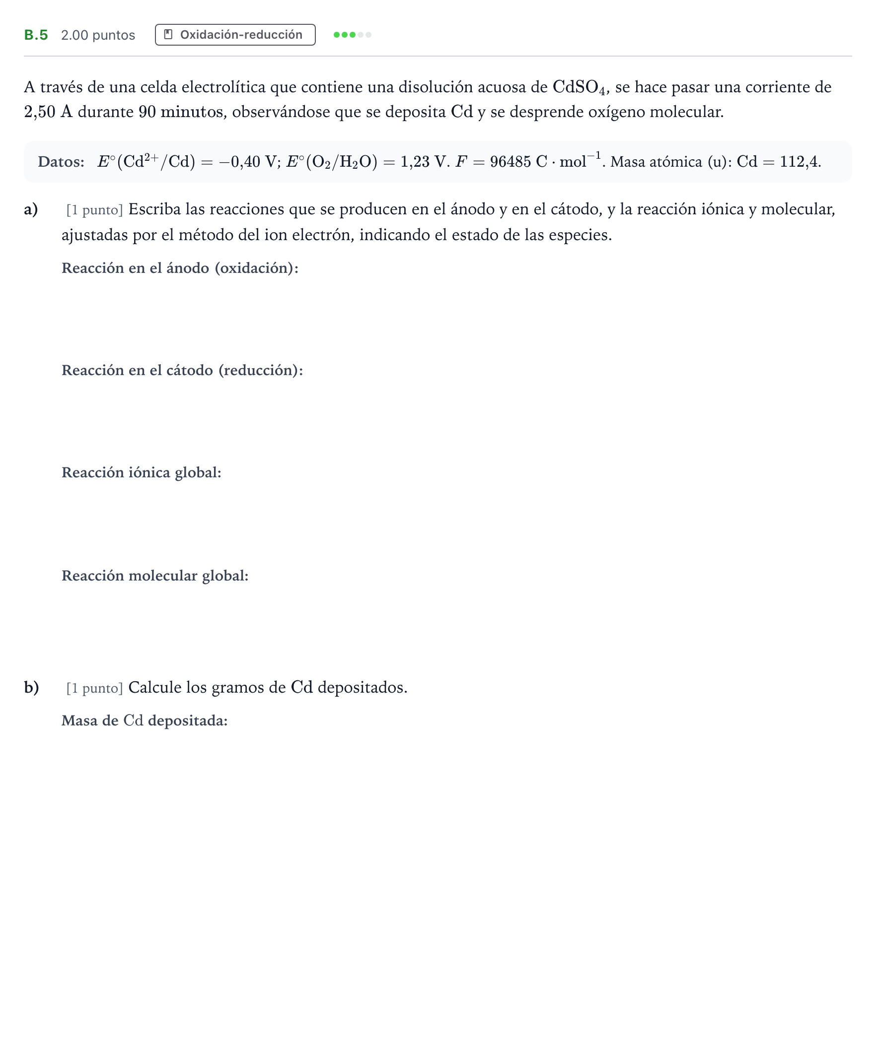 Enunciado: Ejercicio B.5 · Química PAU Madrid Extraordinaria 2023