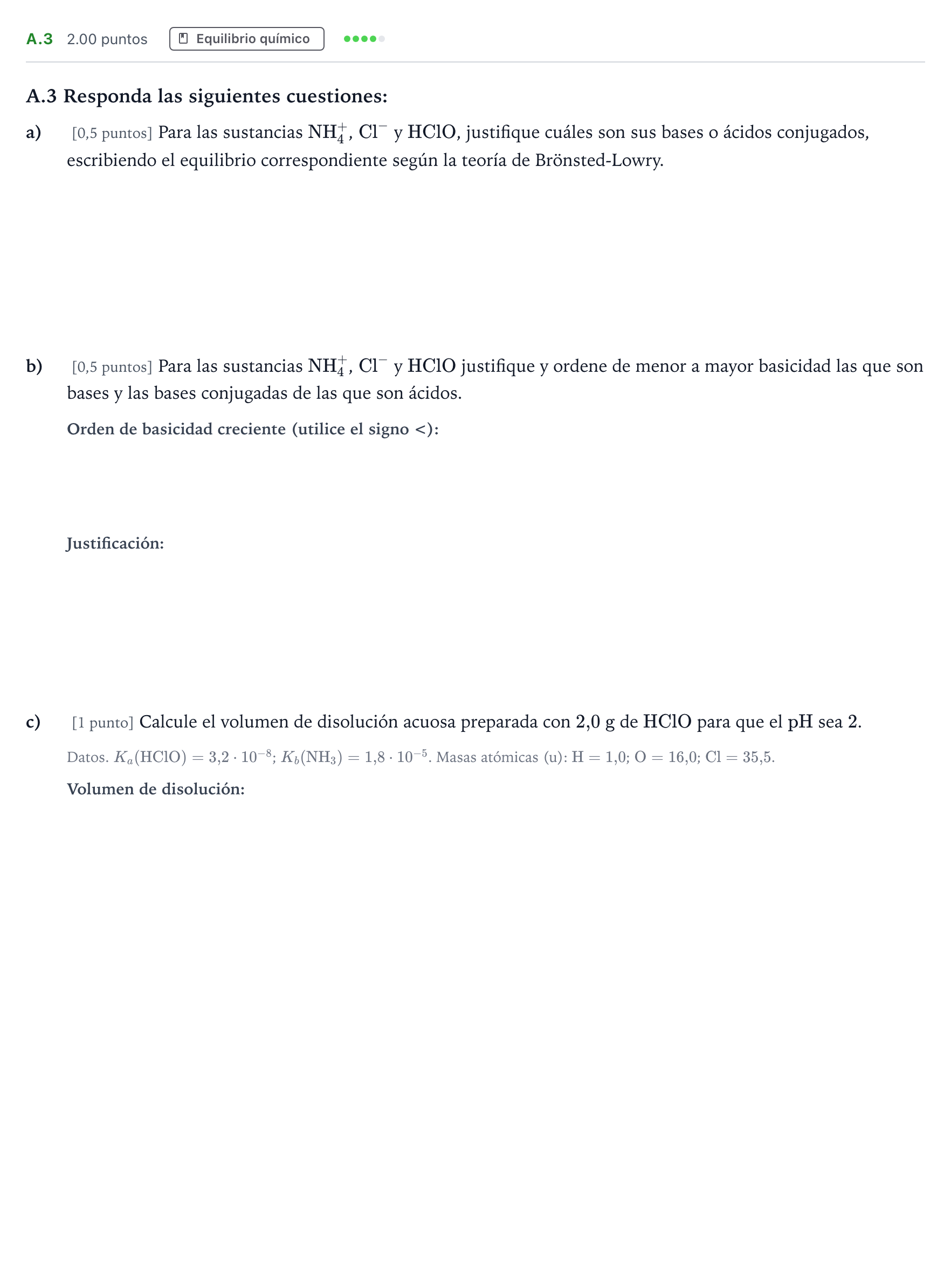 Enunciado: Ejercicio A.3 · Química PAU Madrid Modelo 2023