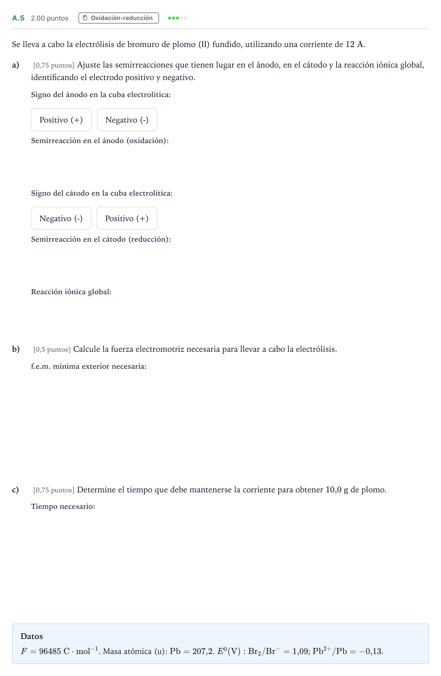 Enunciado: Ejercicio A.5 · Química PAU Madrid Modelo 2023