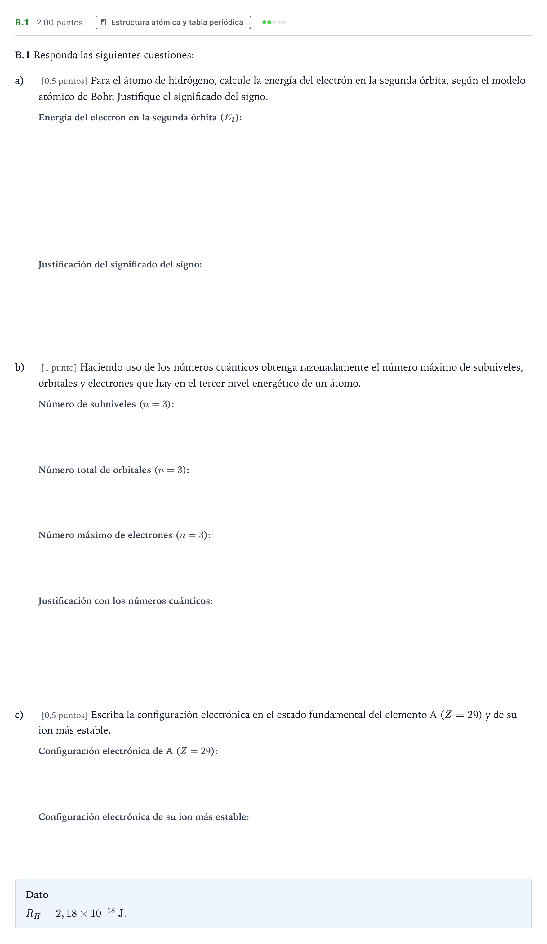 Enunciado: Ejercicio B.1 · Química PAU Madrid Modelo 2023