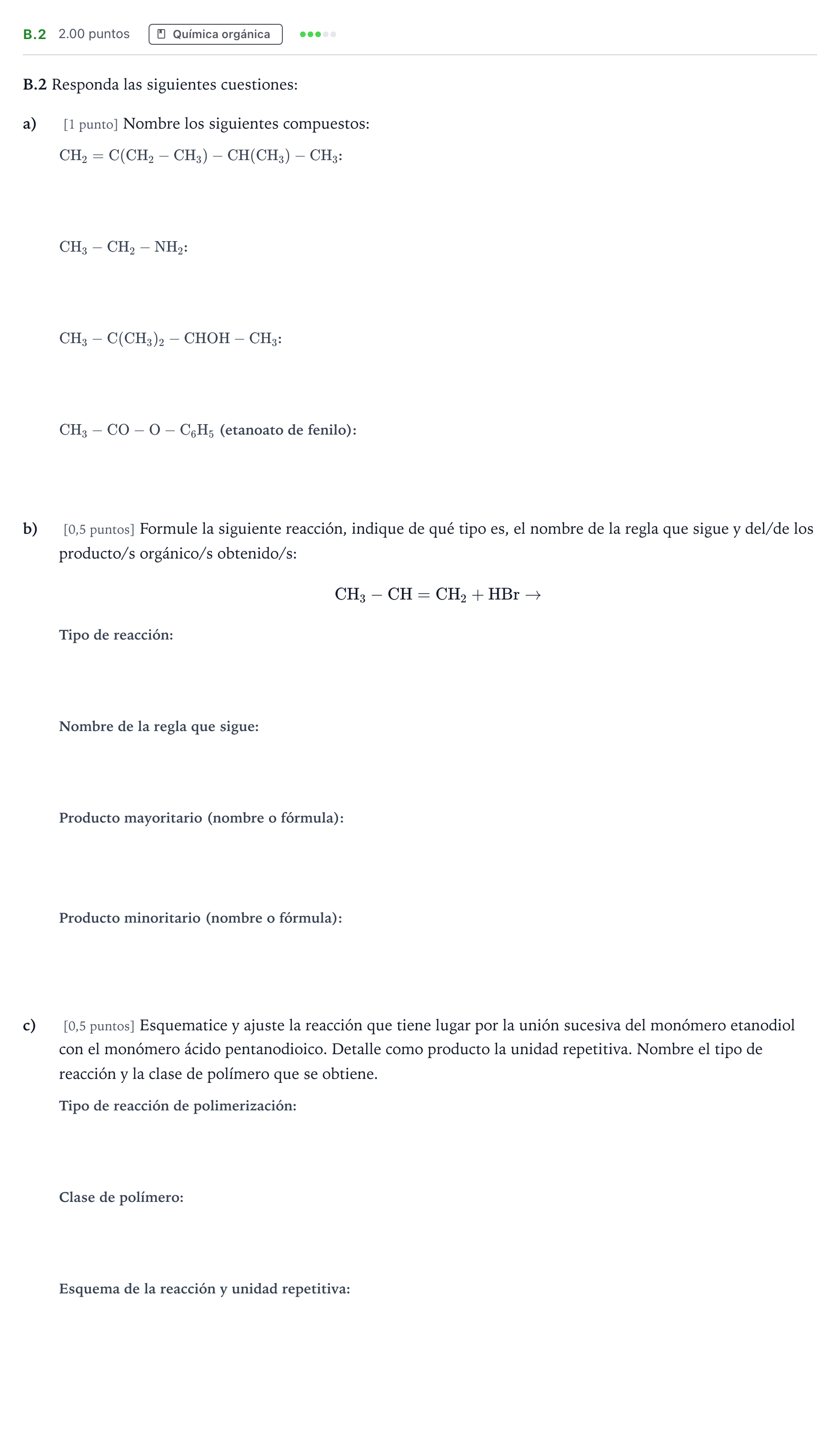 Enunciado: Ejercicio B.2 · Química PAU Madrid Modelo 2023