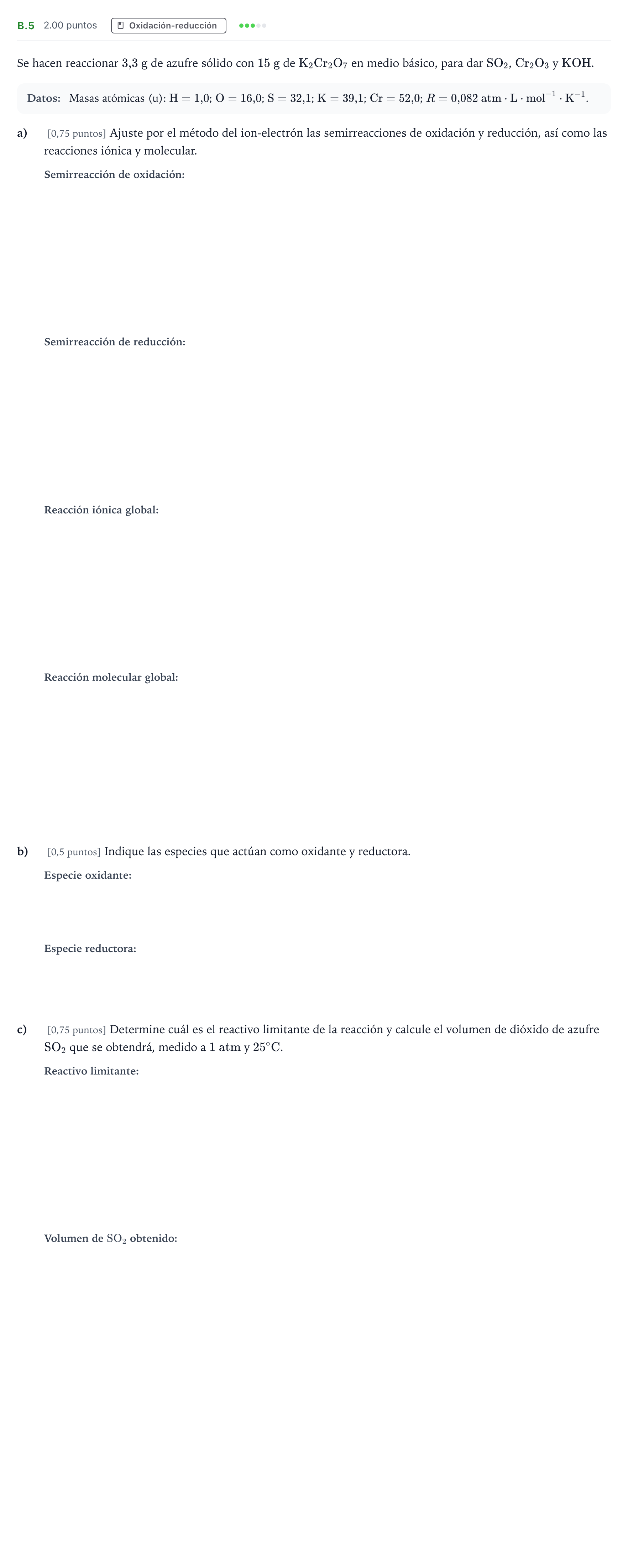 Enunciado: Ejercicio B.5 · Química PAU Madrid Modelo 2023