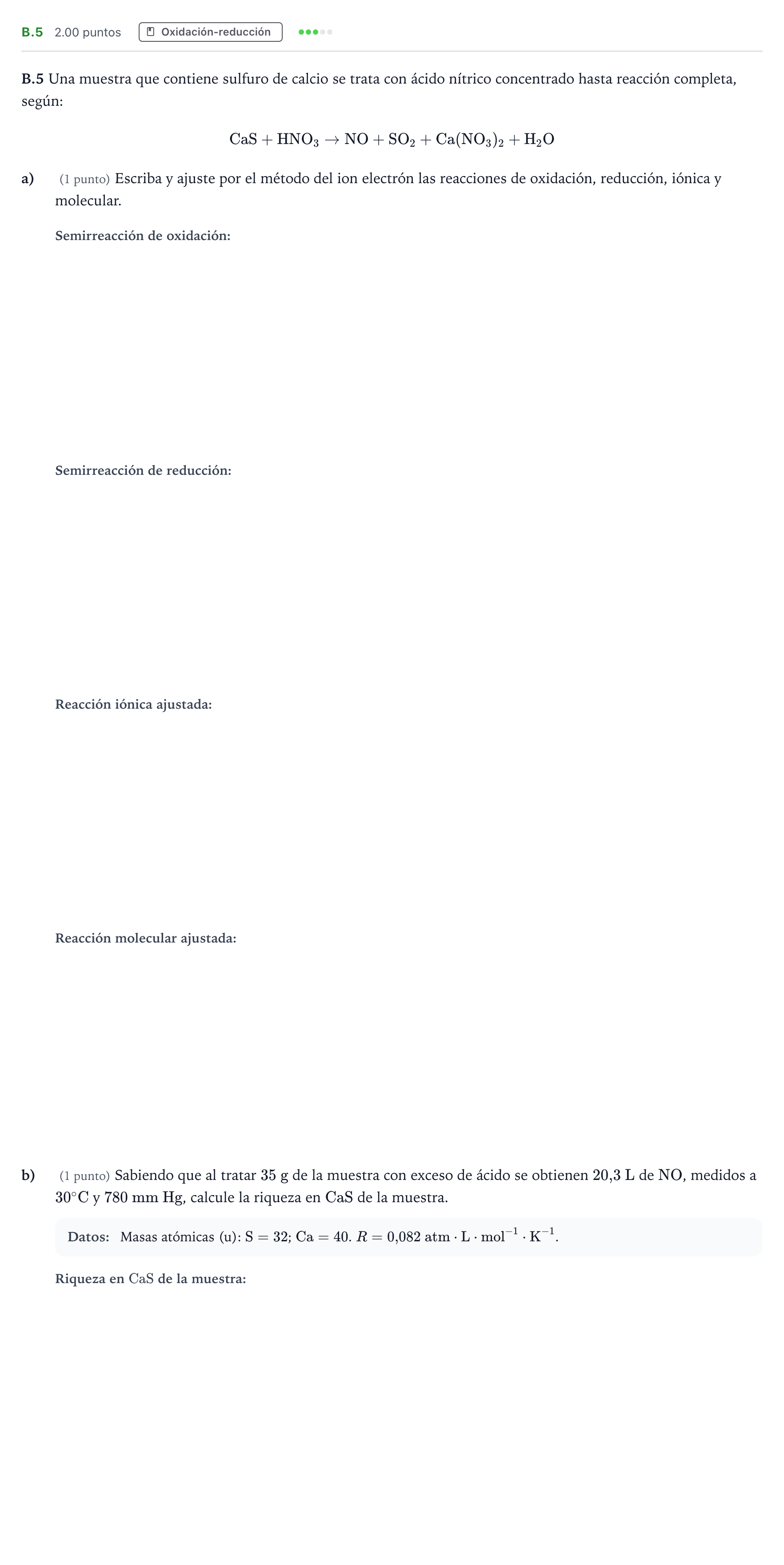 Enunciado: Ejercicio B.5 · Química PAU Madrid Ordinaria 2023