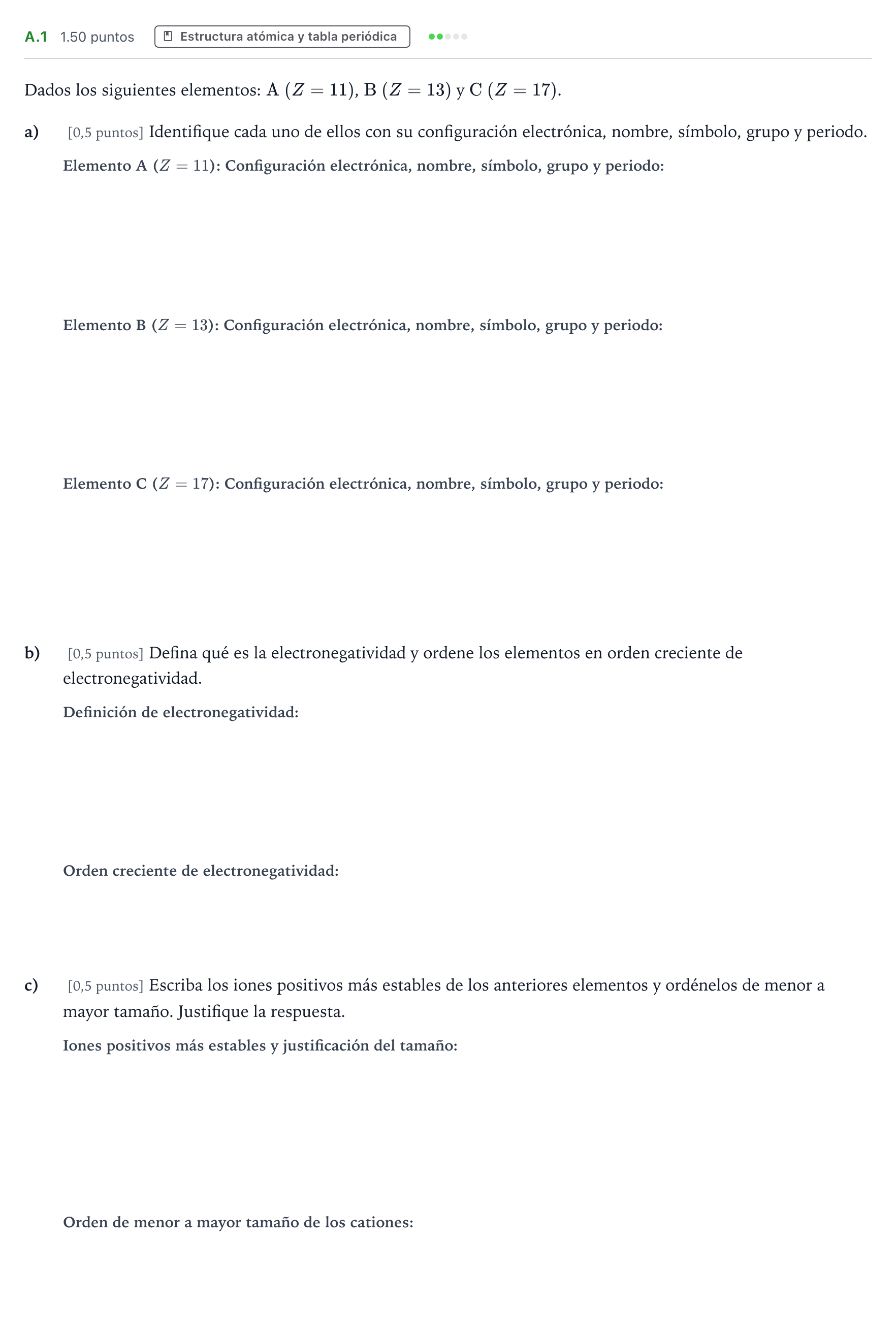 Enunciado: Ejercicio A.1 - Estructura atómica y tabla periódica · Química PAU Madrid Ordinaria Coincidencias 2023