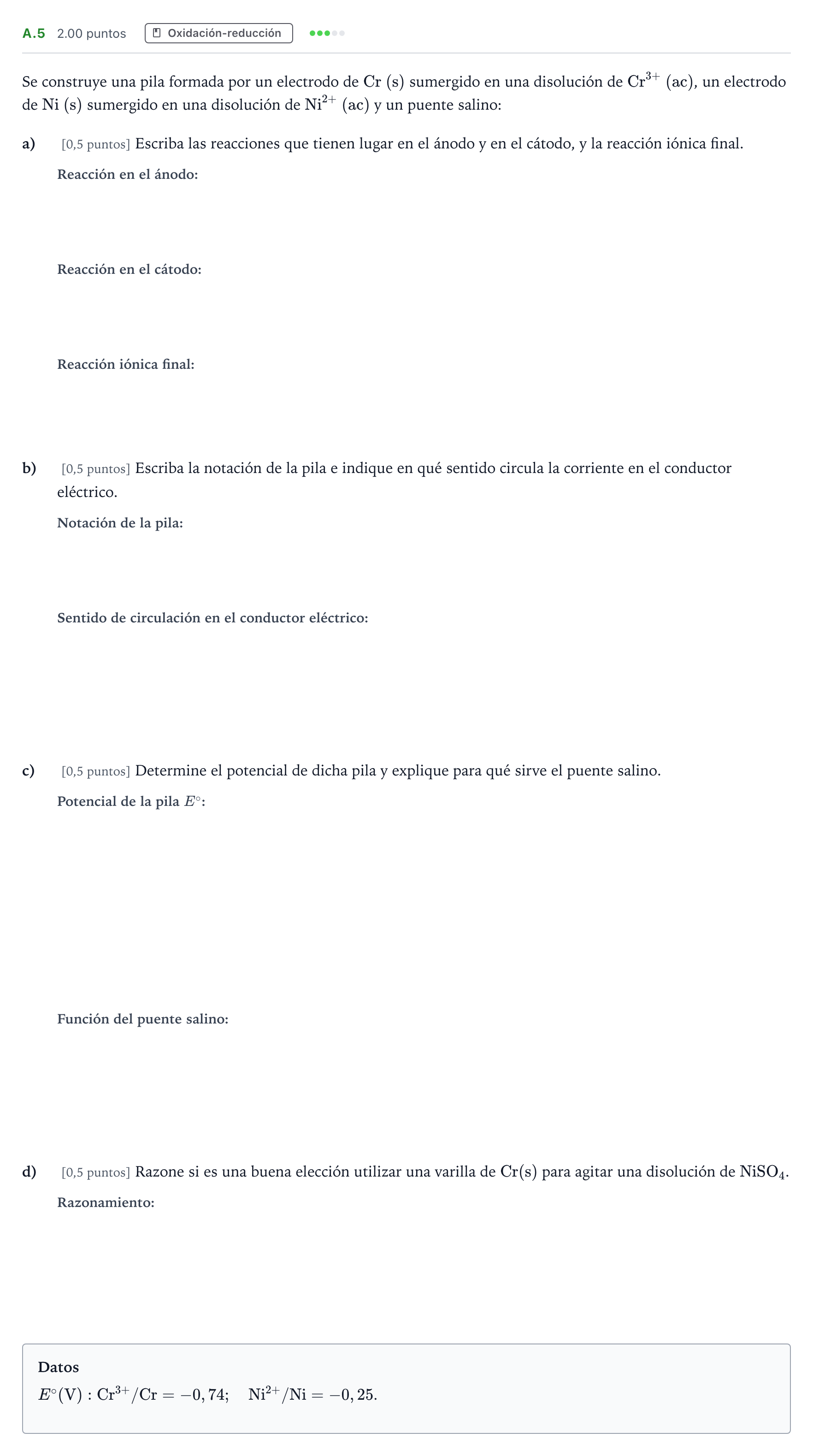 Enunciado: Ejercicio A.5 · Química PAU Madrid Ordinaria Coincidencias 2023