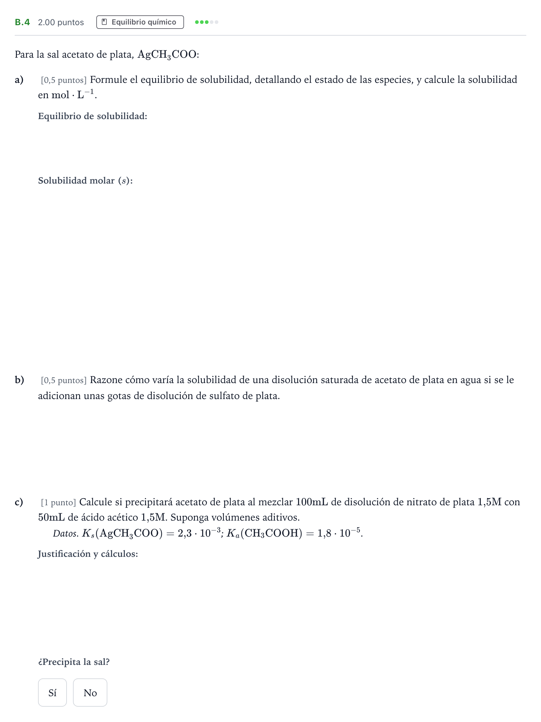 Enunciado: Ejercicio B.4 · Química PAU Madrid Ordinaria Coincidencias 2023
