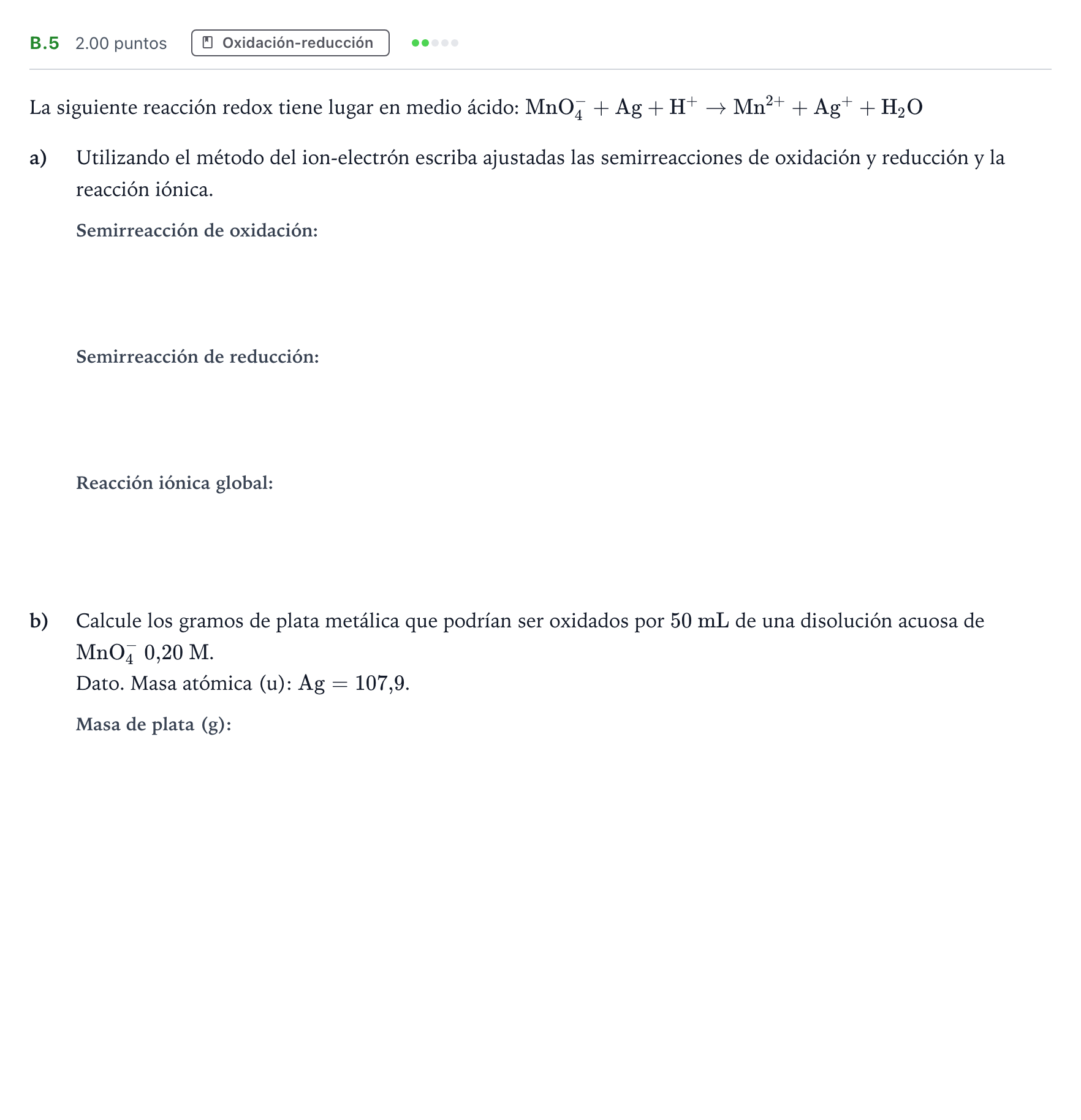 Enunciado: Ejercicio B.5 · Química PAU Madrid Ordinaria Coincidencias 2023