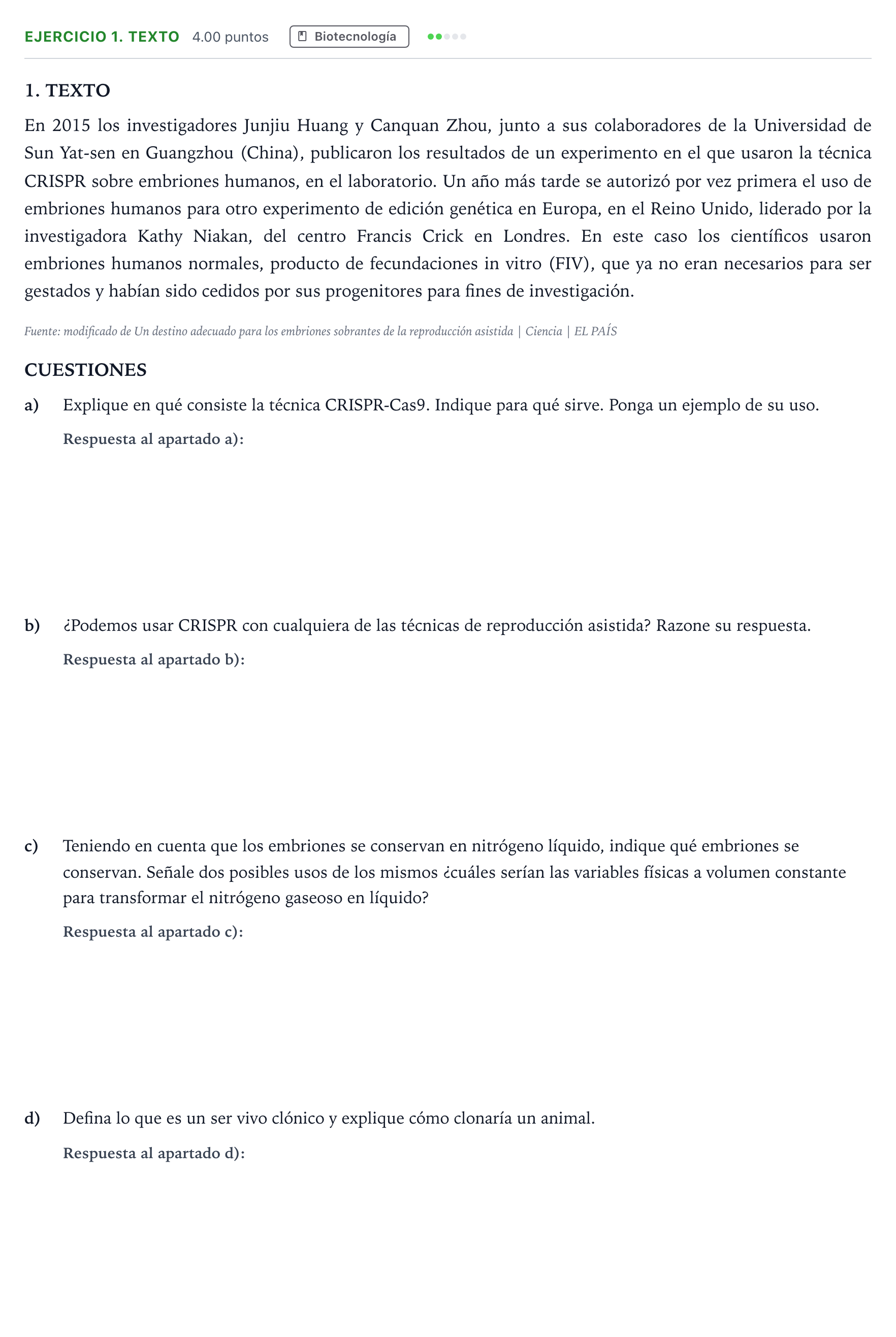 Enunciado: Ejercicio 1. TEXTO · Ciencias Generales PAU Madrid Modelo 2024