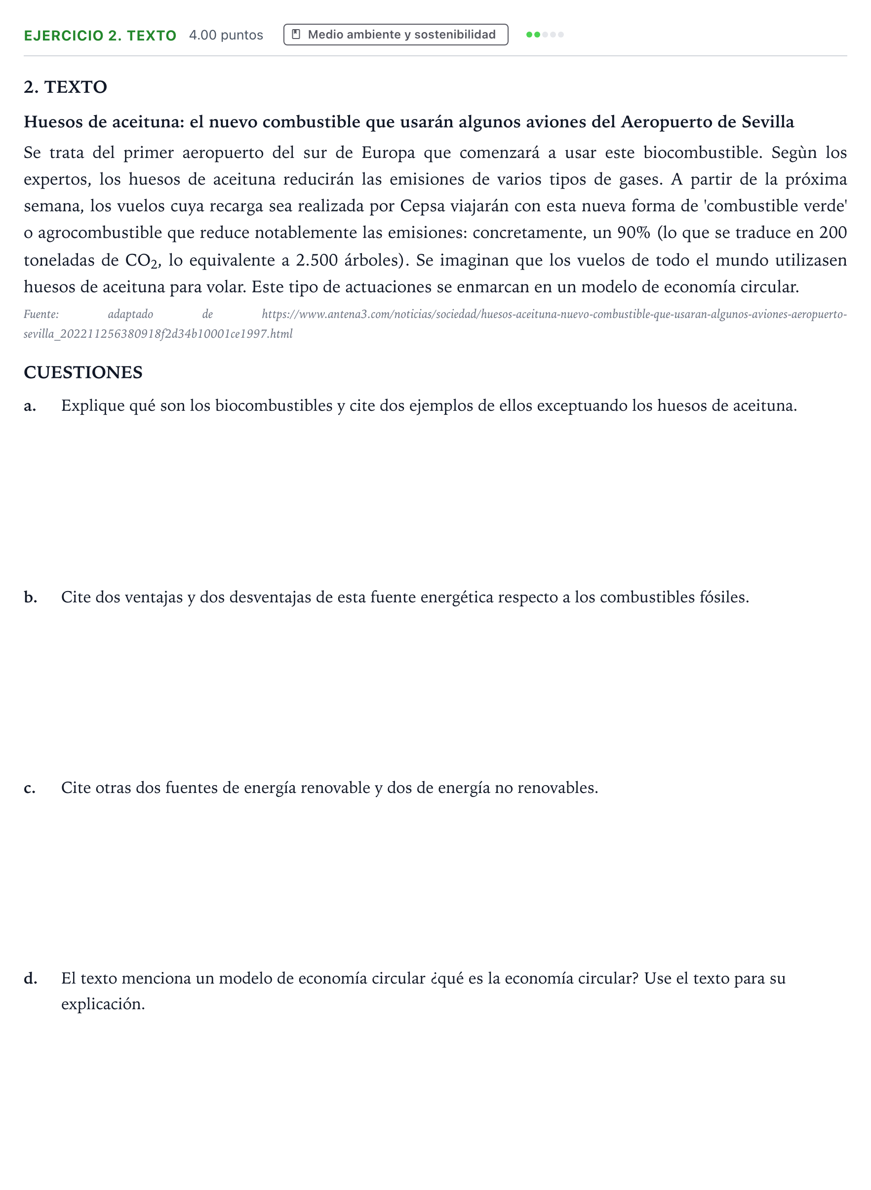 Enunciado: Ejercicio 2. TEXTO · Ciencias Generales PAU Madrid Modelo 2024