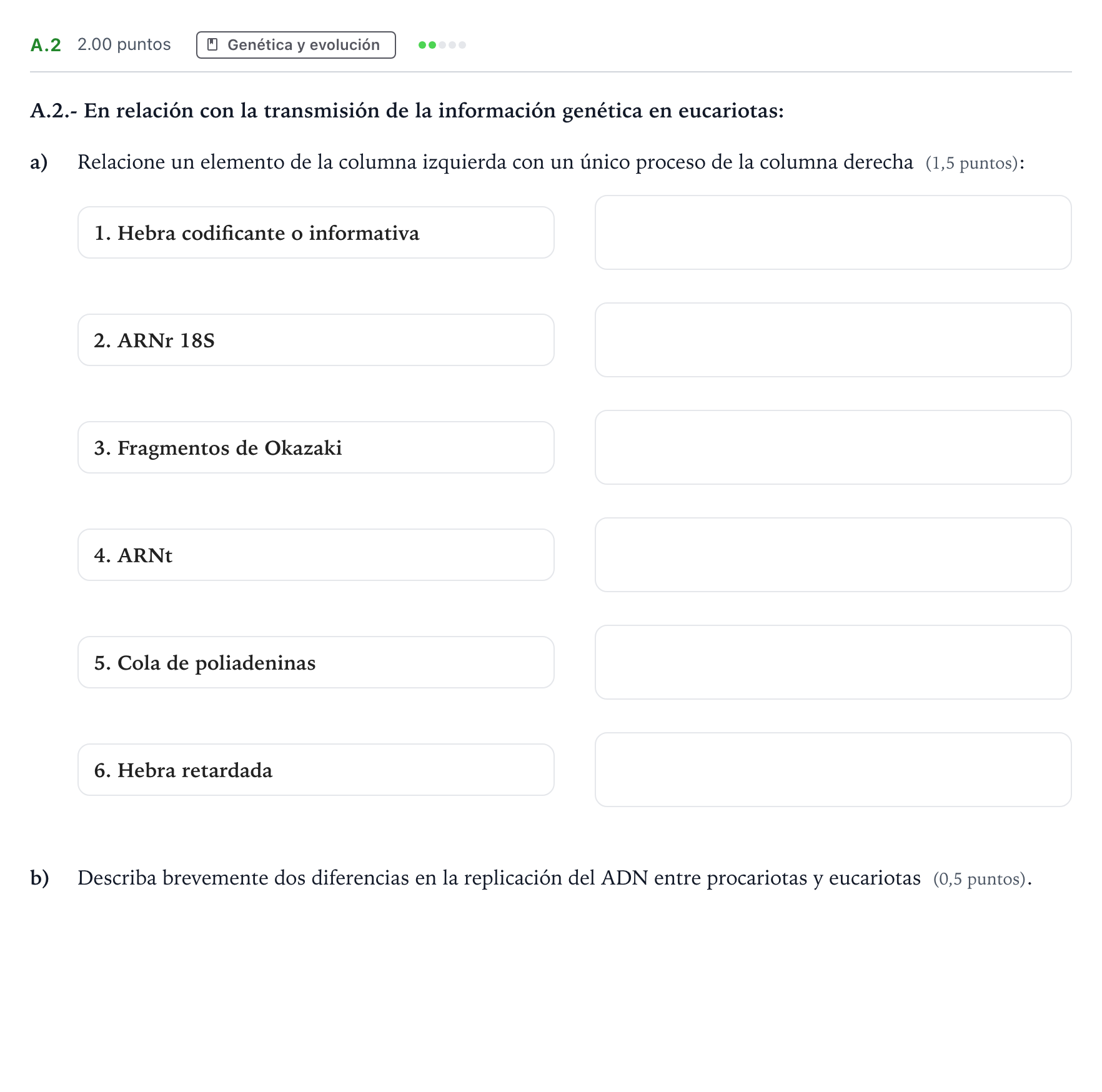 Enunciado: Ejercicio A.2 · Biología PAU Madrid Modelo 2024