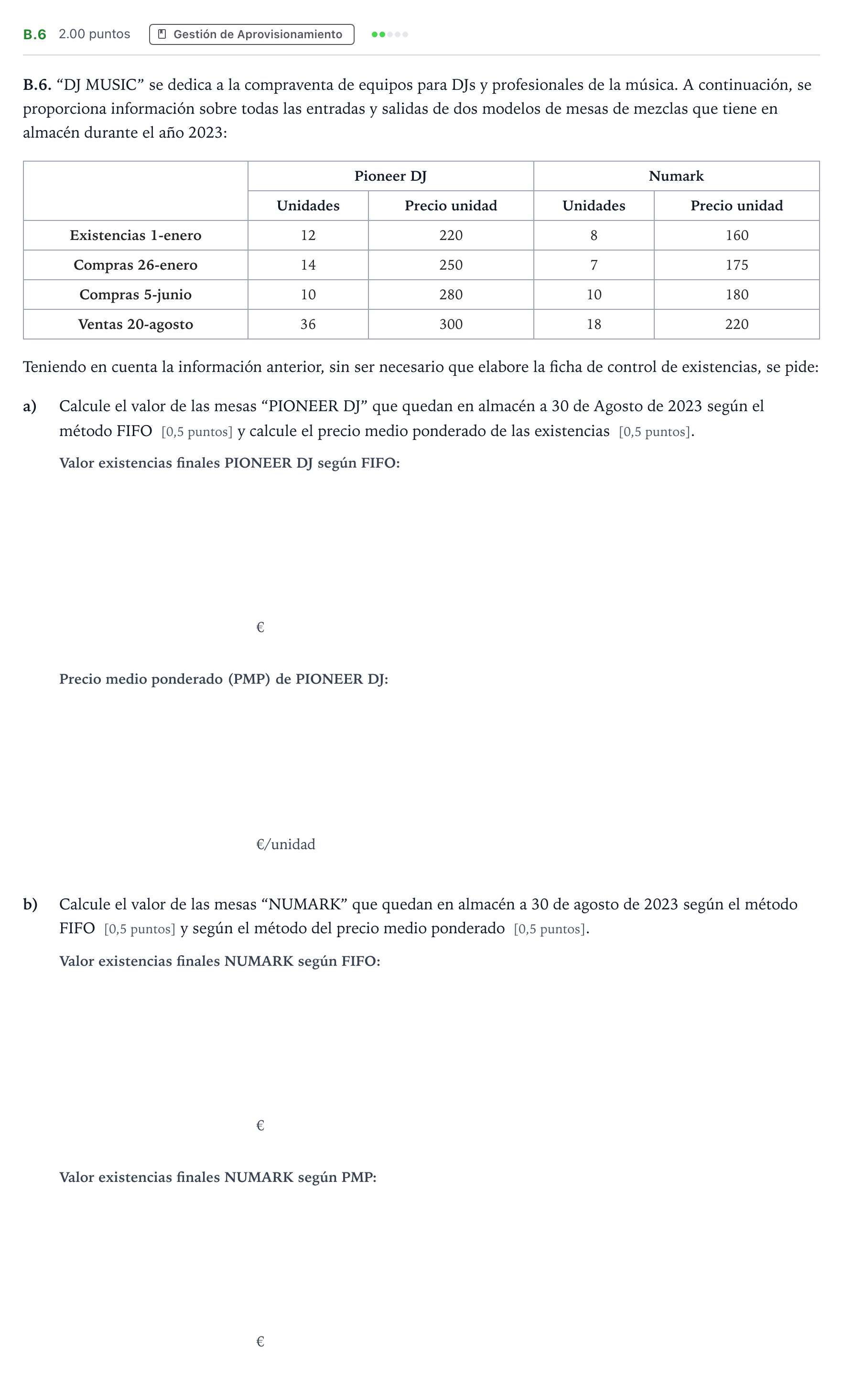 Enunciado: Ejercicio B.6 · Empresa y Diseño de Modelos de Negocio PAU Madrid Ordinaria 2024