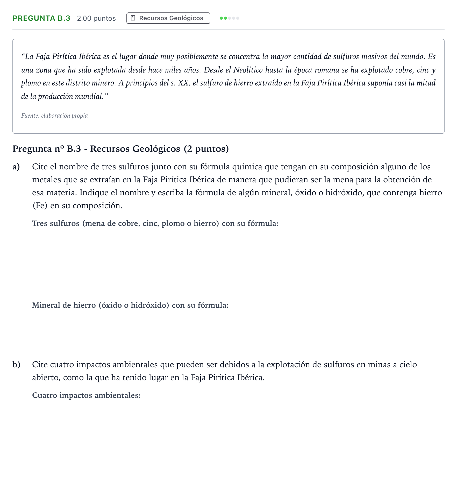 Enunciado: Pregunta B.3 - Recursos Geológicos · Geología PAU Madrid Extraordinaria 2024