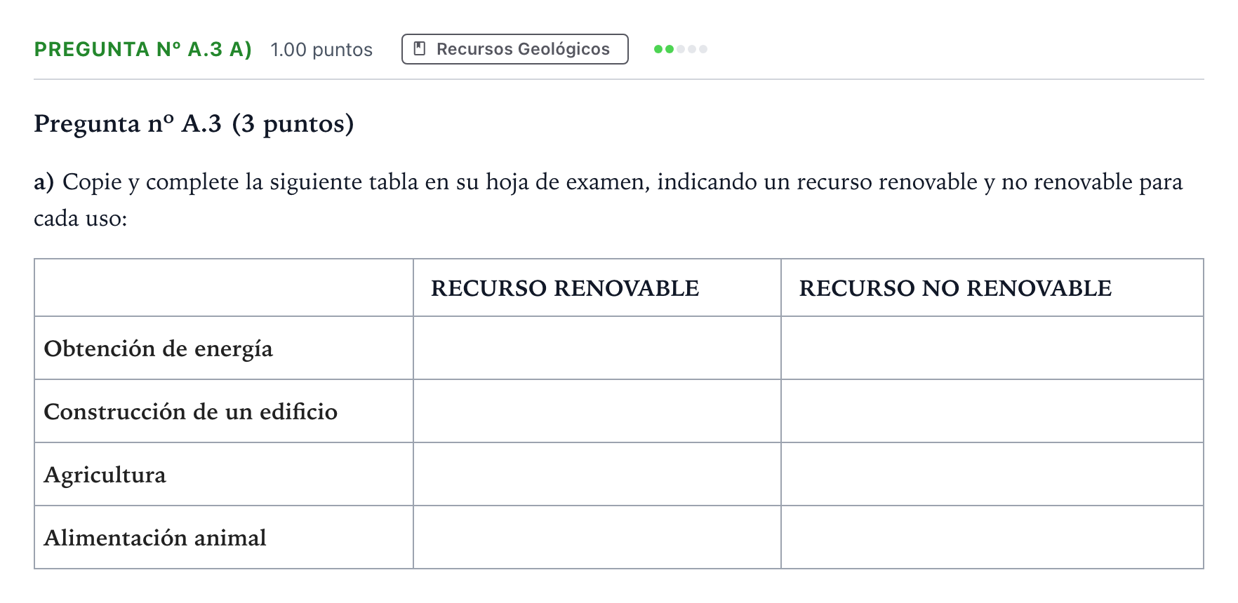 Enunciado: Pregunta nº A.3 a) - Recursos Geológicos · Geología PAU Madrid Modelo 2024