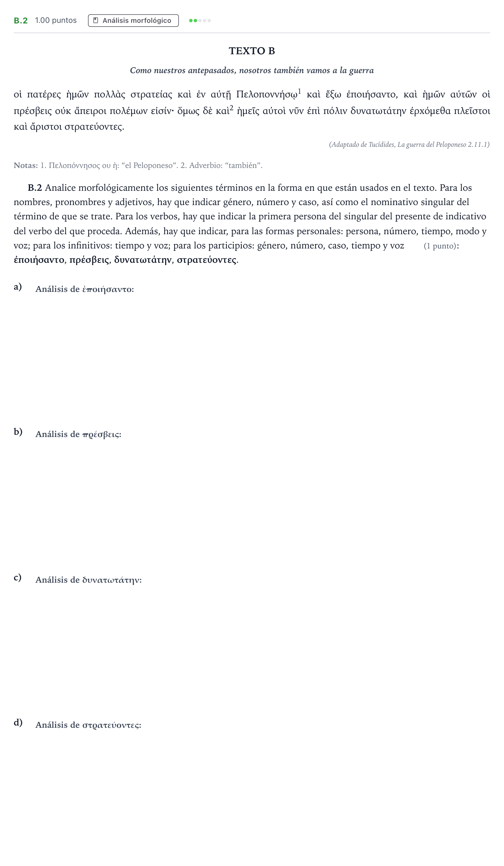 Enunciado: Ejercicio B.2 · Griego II PAU Madrid Modelo 2024