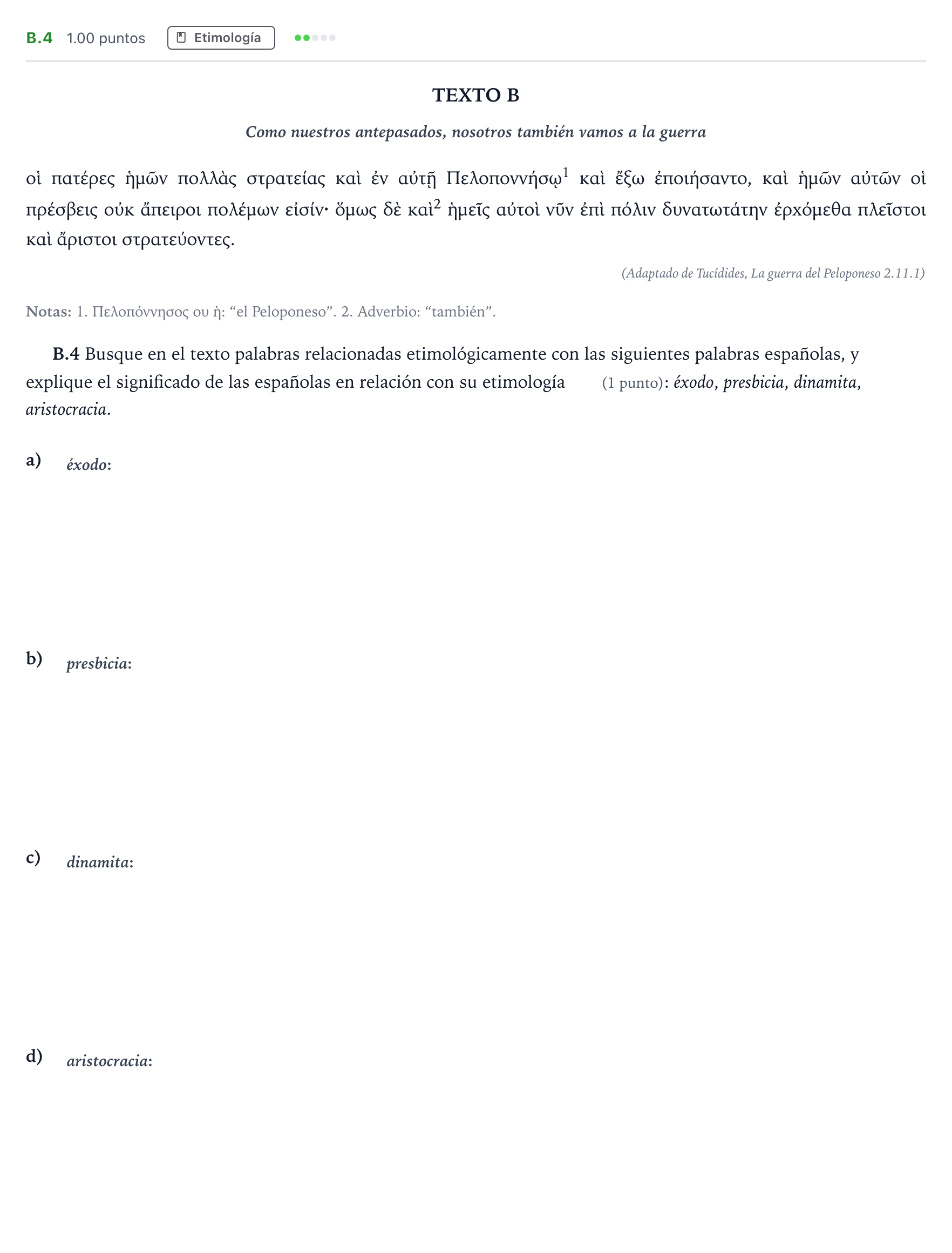 Enunciado: Ejercicio B.4 · Griego II PAU Madrid Modelo 2024