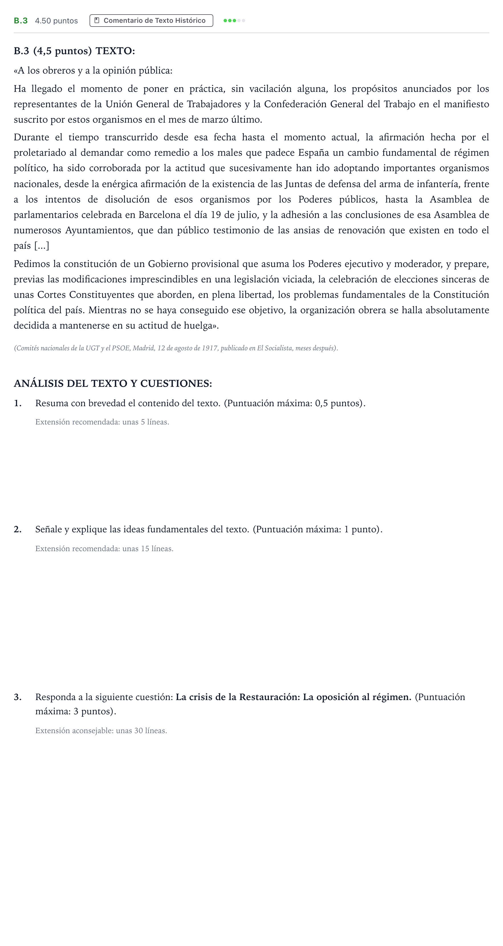 Enunciado: Ejercicio B.3 · Historia de España PAU Madrid Modelo 2024