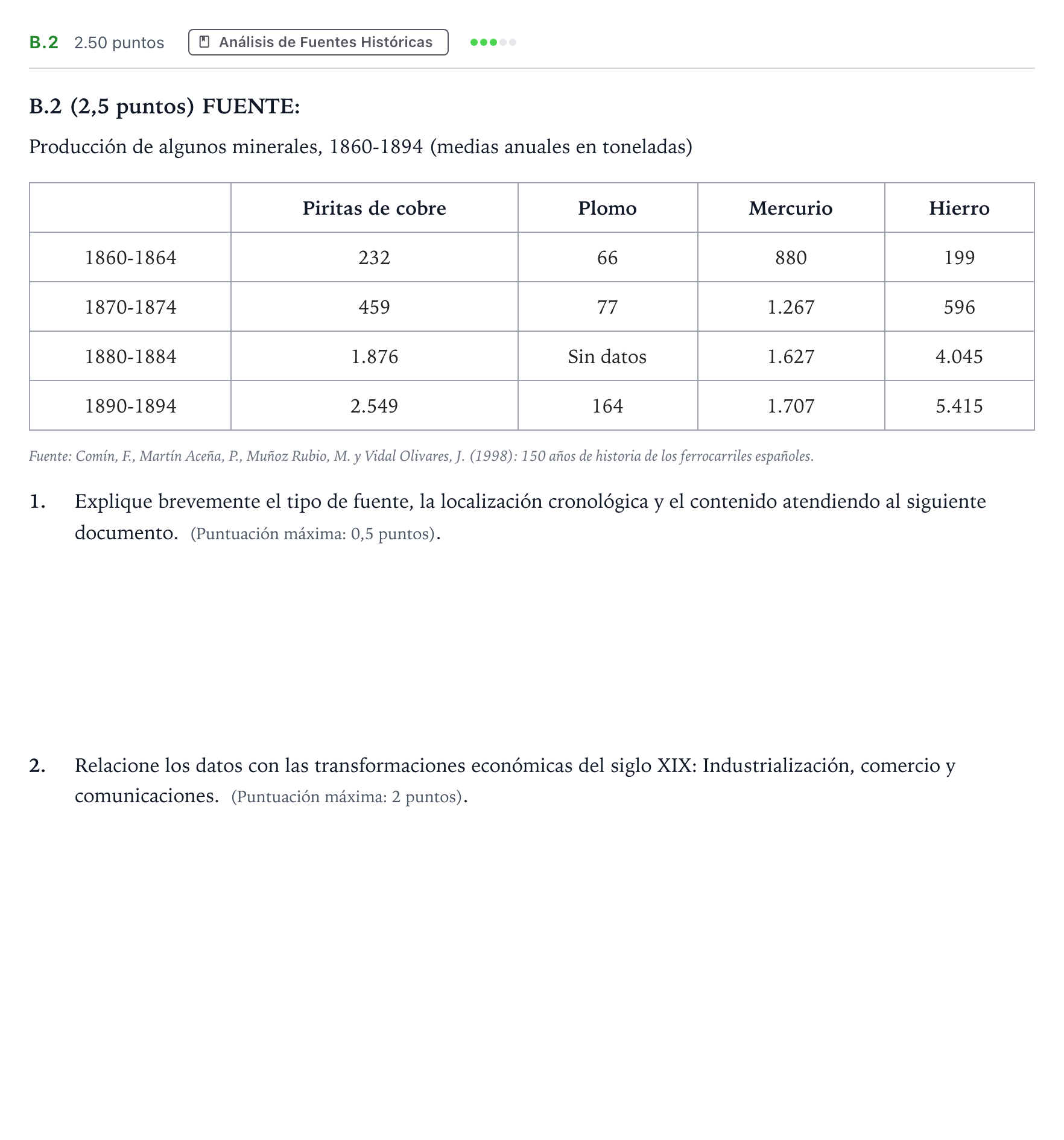 Enunciado: Ejercicio B.2 · Historia de España PAU Madrid Ordinaria Martes 2024