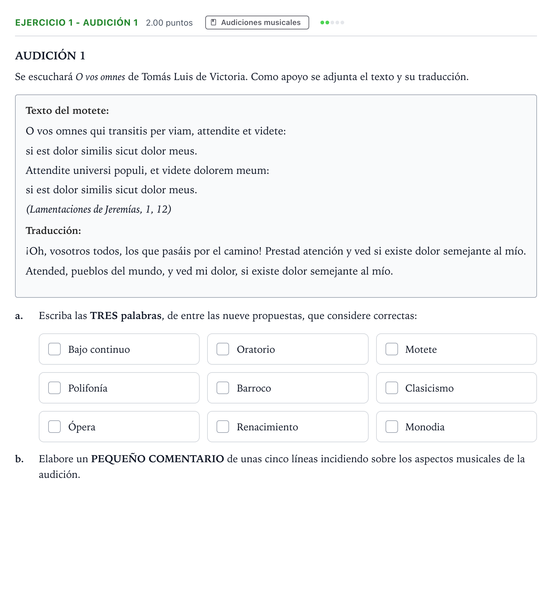 Enunciado: Ejercicio 1 - Audición 1 · Historia de la Música y de la Danza PAU Madrid Ordinaria 2024