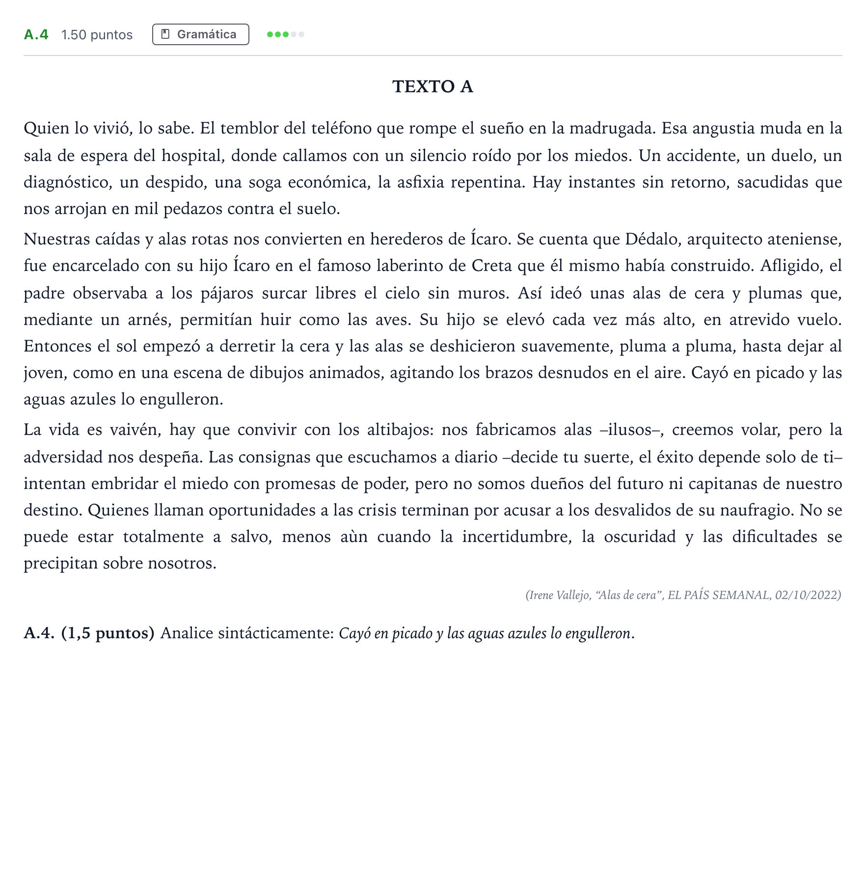 Enunciado: Ejercicio A.4 · Lengua Castellana y Literatura II PAU Madrid Modelo 2024