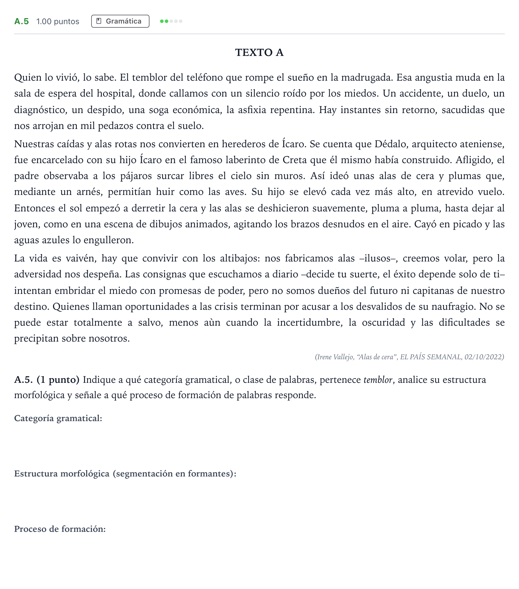 Enunciado: Ejercicio A.5 · Lengua Castellana y Literatura II PAU Madrid Modelo 2024