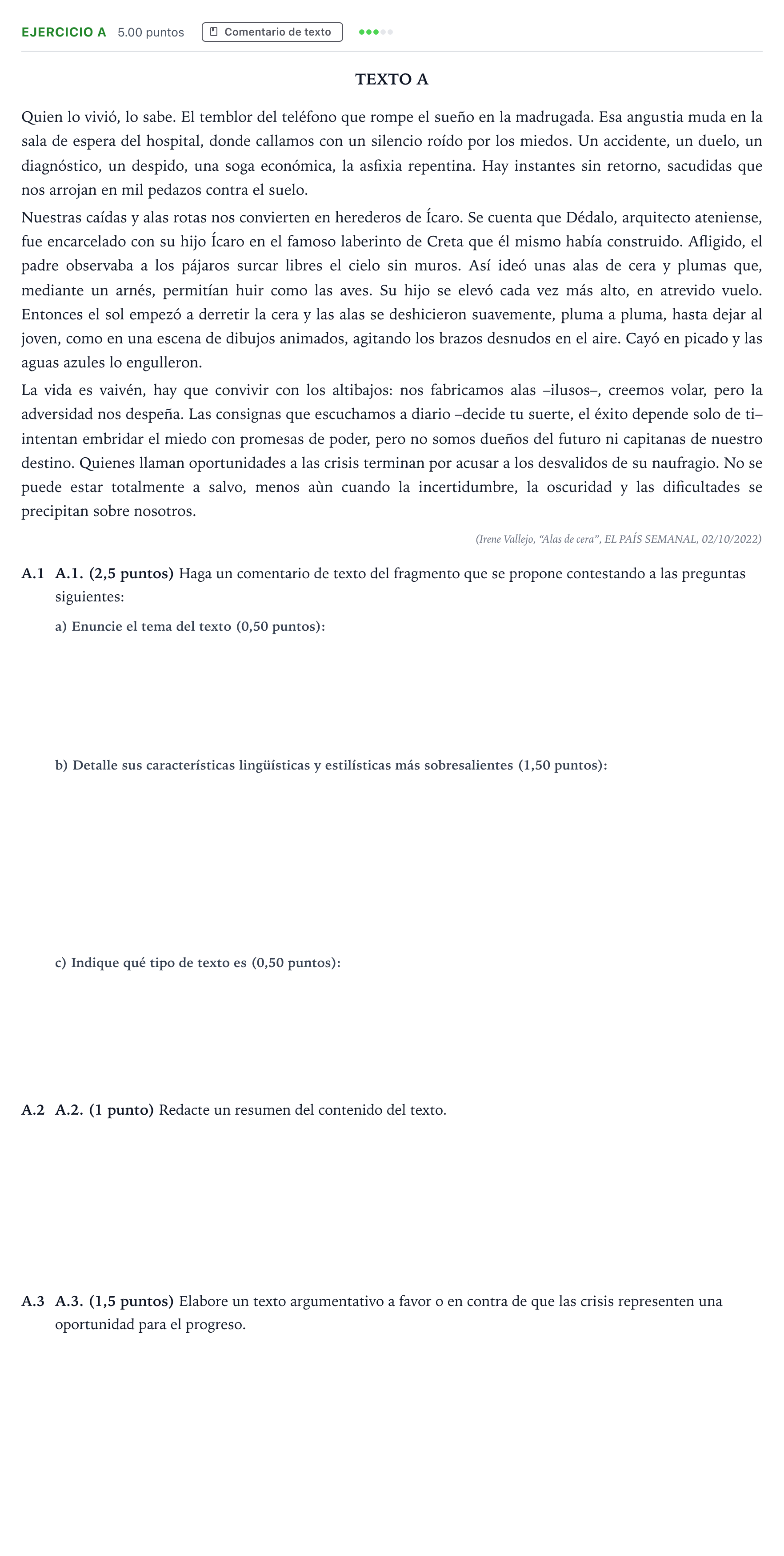 Enunciado: Ejercicio A · Lengua Castellana y Literatura II PAU Madrid Modelo 2024
