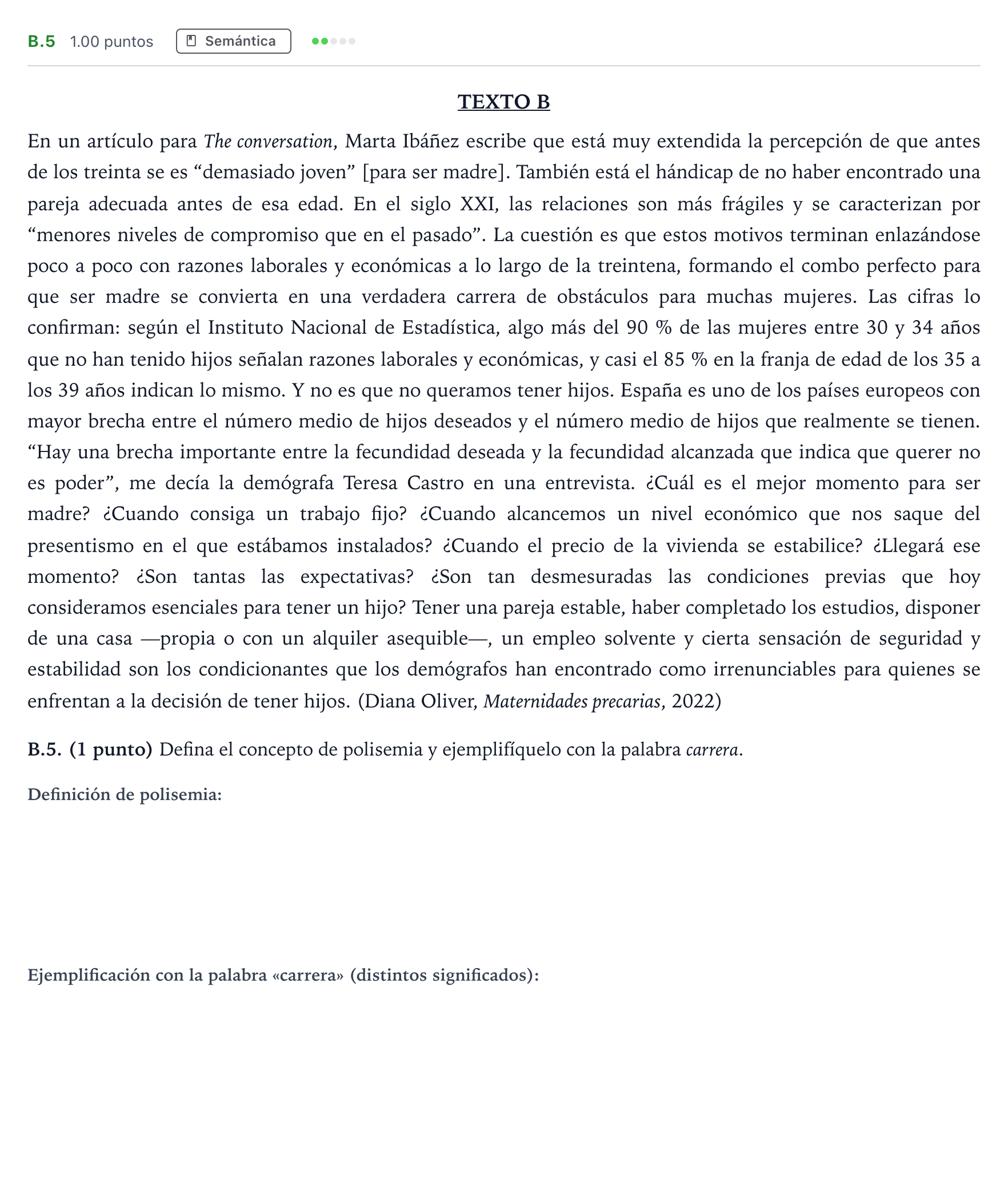 Enunciado: Ejercicio B.5 · Lengua Castellana y Literatura II PAU Madrid Modelo 2024